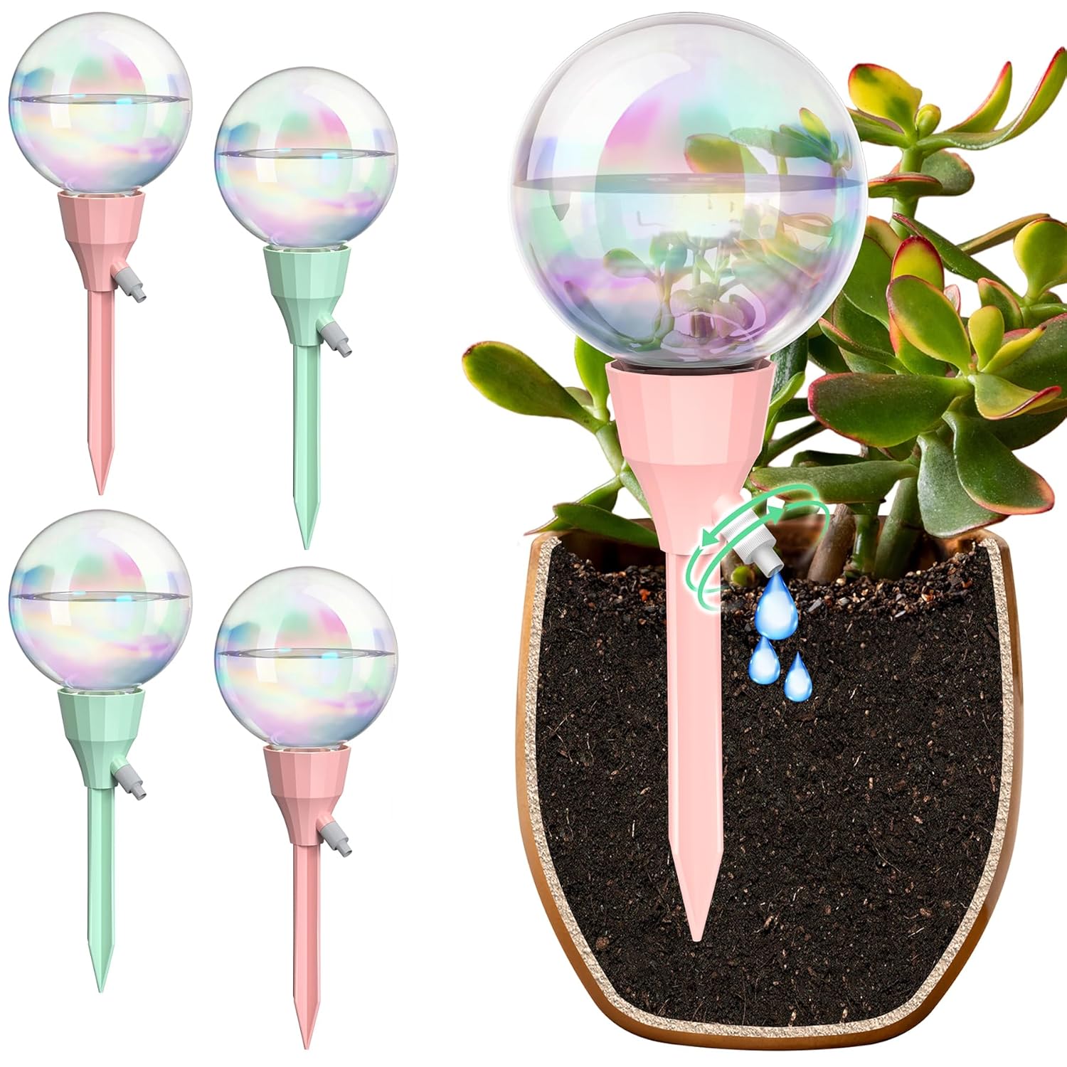 NiHome 4PCS 16OZ Adjustable Flow Control Plant Self-Watering Drippers, Long-Lasting Automatic Watering Globes for Indoor Outdoor Plants, Tulip Shape Design for Small to Medium Pots (2 Pink + 2 Green)