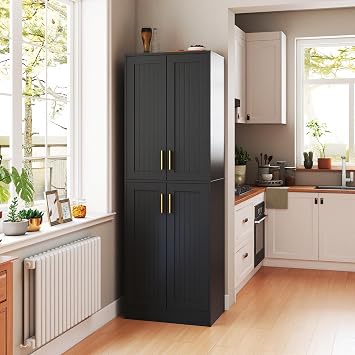 Floor Storage Cabinet with 2 Adjustable Shelves,Garage Storage Cabinets with 4 Doors,4 Shelf Cabinet,Tall Freestanding Organizer Unit,Kitchen Pantry cabinets,Bathroom Storage Cabinet,71H,Black