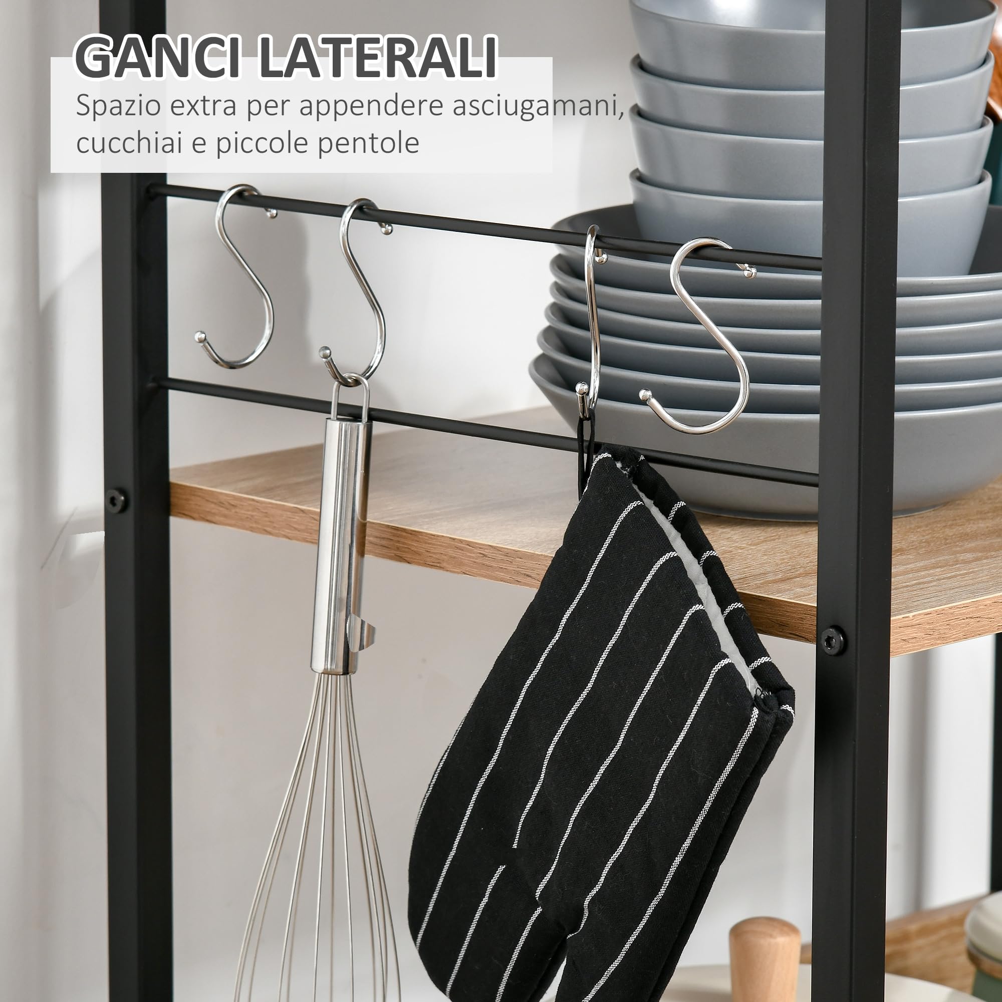 HOMCOM Mobiletto per Microonde, Scaffale da Cucina a 4 Ripiani e 4 Ganci, Mobile Cucina in Acciaio e Legno 60x40x125cm, Color Legno