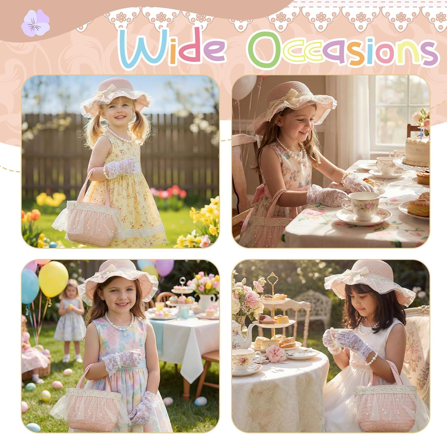 Tradder 5pcs Girls Tea Party Hat Accessories Set Tea Party Straw Hat and Glove Pearl Necklace Handbag Princess Dresses Outfit