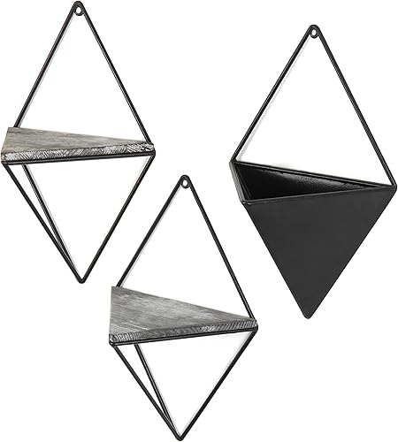 Miniatura 4 de MyGift Macetero de pared interior y estantes de exhibición de pared de madera con marcos de metal negro de metal, juego de 3 piezas