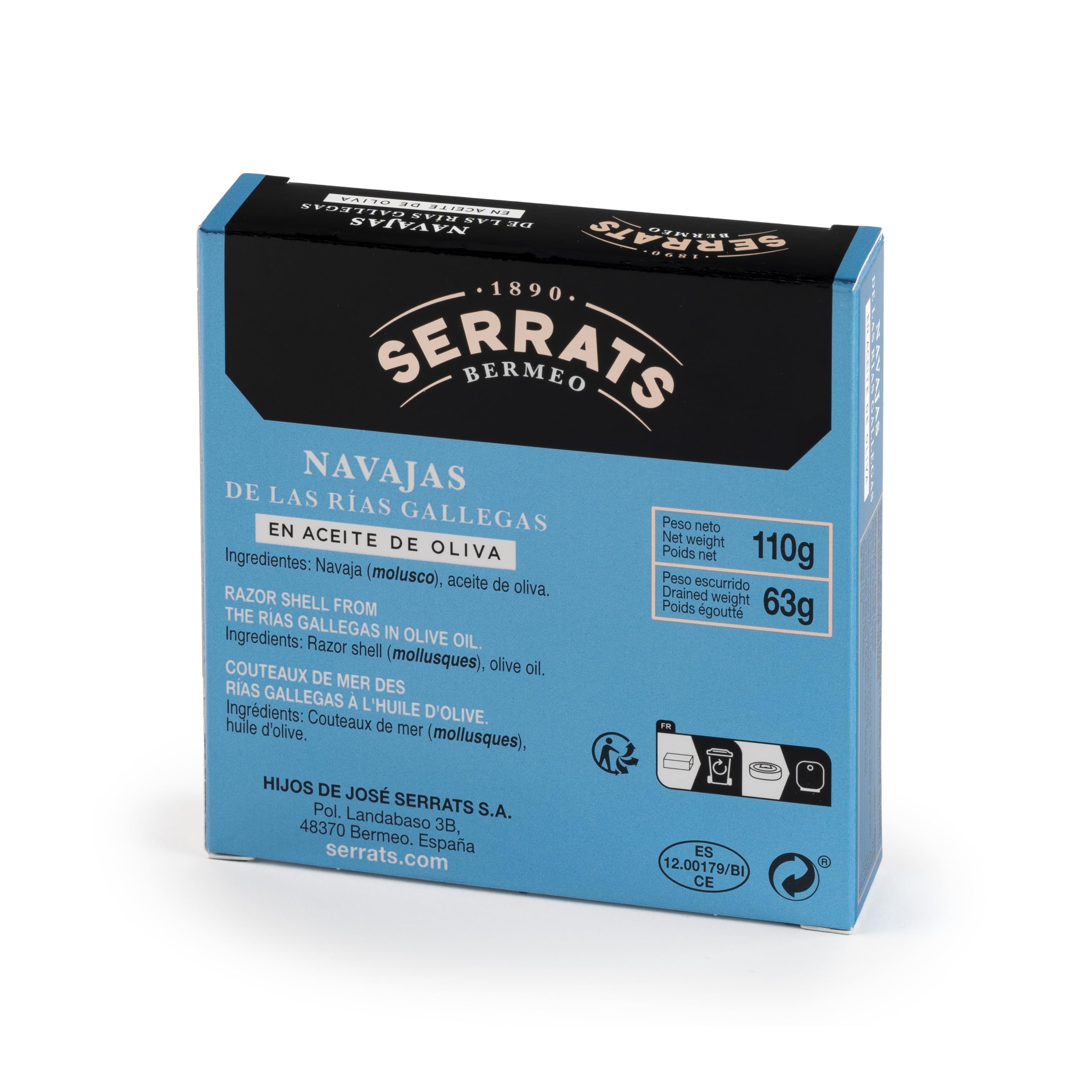 CONSERVAS SERRATS - Couteaux de Mer des Rías de Galice à l'Huile d'Olive Premium - 8 Boîtes x 110g (Total : 880g) - Fabrication Artisanale depuis 1890 - Sans Gluten - Riche en Oméga 3 – Premium