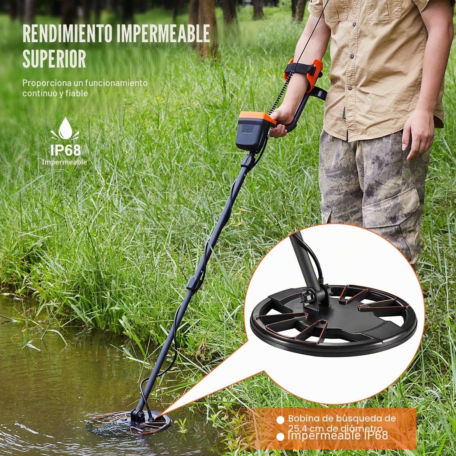 VEVOR Detector de Metales para Adultos y Niños 25,4cm Detector de Metales Profesional Ajustable Resistente al Agua Bobina IP68 Pantalla LCD 7 Modos Chip DSP Avanzado Ligero para Búsqueda de Moneda Oro
