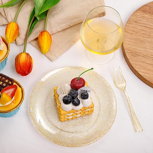 Miniatura 8 de Festiva 200 platos de postre dorados con purpurina de 6.3 pulgadas con tenedores de 5 pulgadas, platos pequeños de plástico para postre, pasteles,