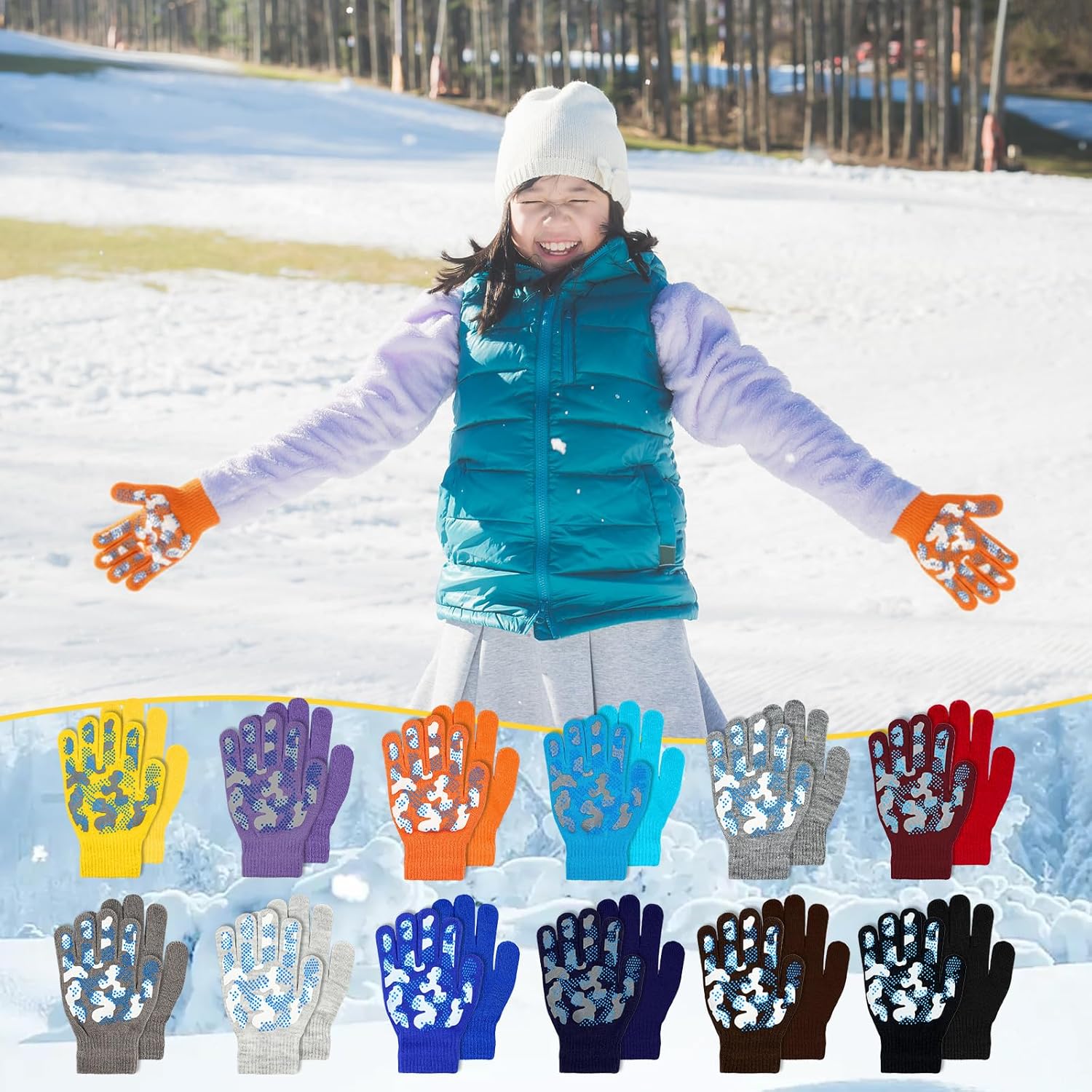 Coume 12 Pairs Kids Winter Gloves for Boys Girls Anti-Slip Knit Stretch Colorful Toddler Warm Gloves for Cold Weather - Image 3