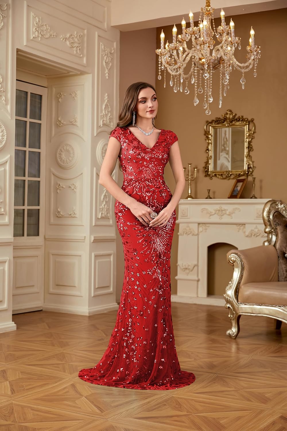 Womens Sequined Long Evening Gown Glitter Short Sleeve V-Neck Mermaid Evening Dress for Party Or As Wedding Guest - Image 7