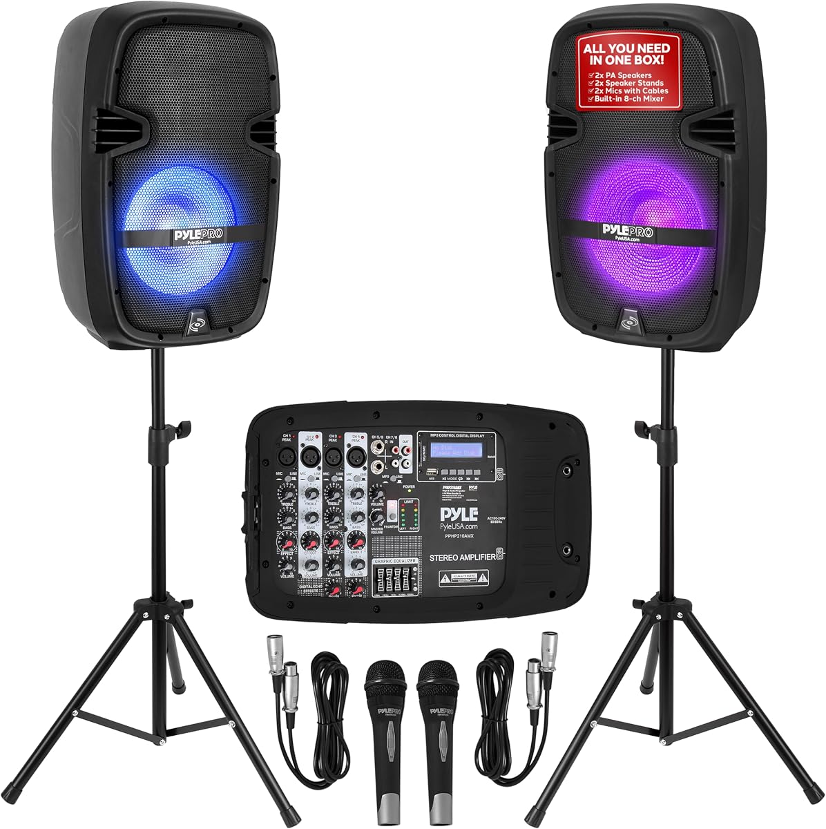 Pyle PA Speaker DJ Mixer Bundle - Portable Wireless Bluetooth Sound System w/ USB SD XLR 1/4" RCA Inputs, LED Lights - Dual Speaker, Mixer, Microphone, Stand, Cable - Home/Outdoor PPHP210AMX,Black