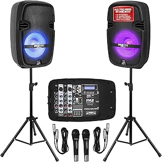 Pyle PA Speaker DJ Mixer Bundle - Portable Wireless Bluetooth Sound System w/ USB SD XLR 1/4" RCA Inputs, LED Lights - Dual Speaker, Mixer, Microphone, Stand, Cable - Home/Outdoor PPHP210AMX,Black