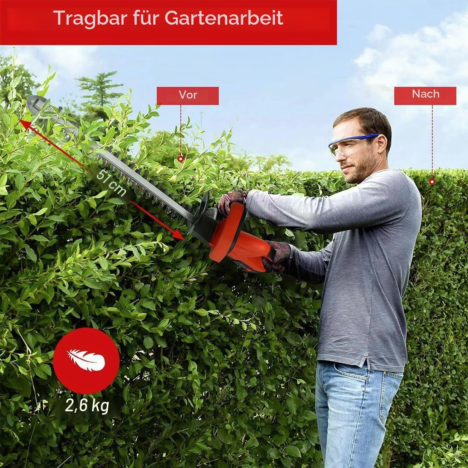 Akku Heckenschere 500W – 51cm Schnittlänge, 16mm Zahnabstand | Schneidet 2cm Äste leise & sauber | leistungsstarker bürstenloser Motor | Inkl. 2X 21V Akku & Ladegerät für Sträucher & Hecken