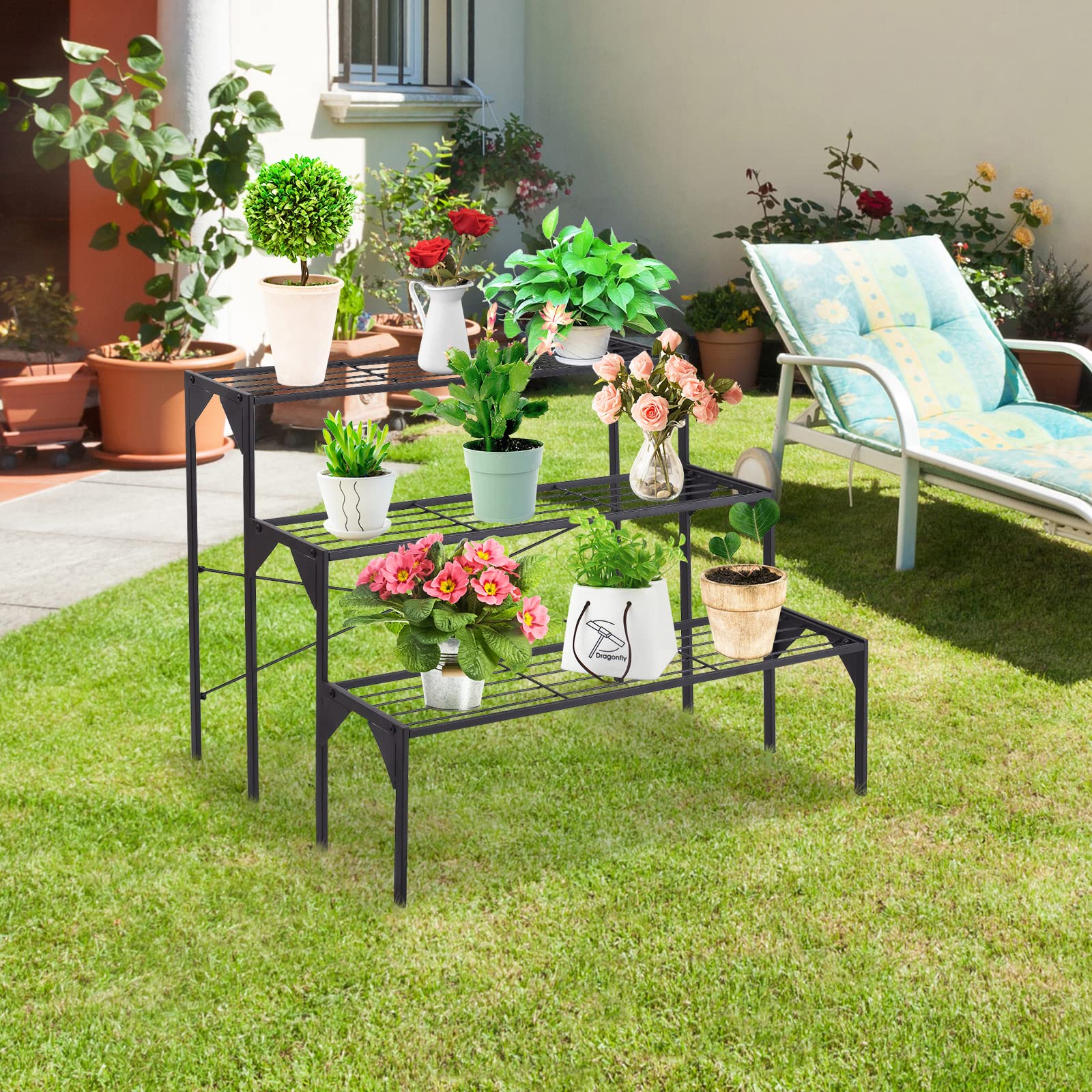 GOPLUS Estantería de Metal para Macetas, Estantería Escalera Decorativa para Plantas con 3 Niveles en Interior y Exterior, Soporte Rectangular de Almacenamiento de Macetas en Patio, Terraza, Negro