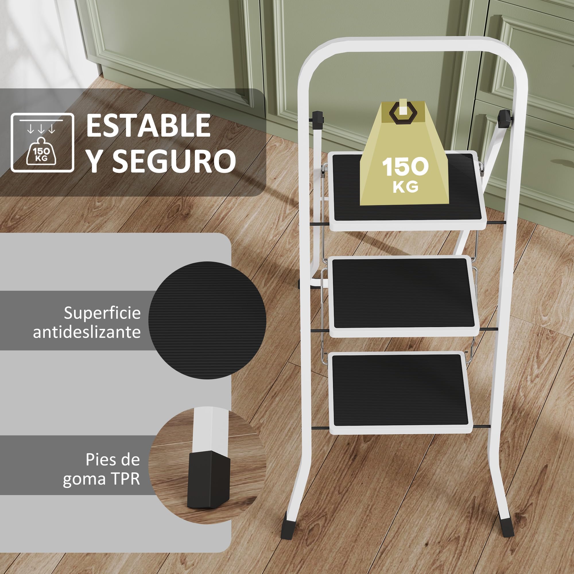 HOMCOM Escalera Plegable de 3 Peldaños Escalera de Tijera Carga hasta 150 kg con Pedal Antideslizante Fácil de Guardar y Transportar para Hogar Cocina Oficina Blanco