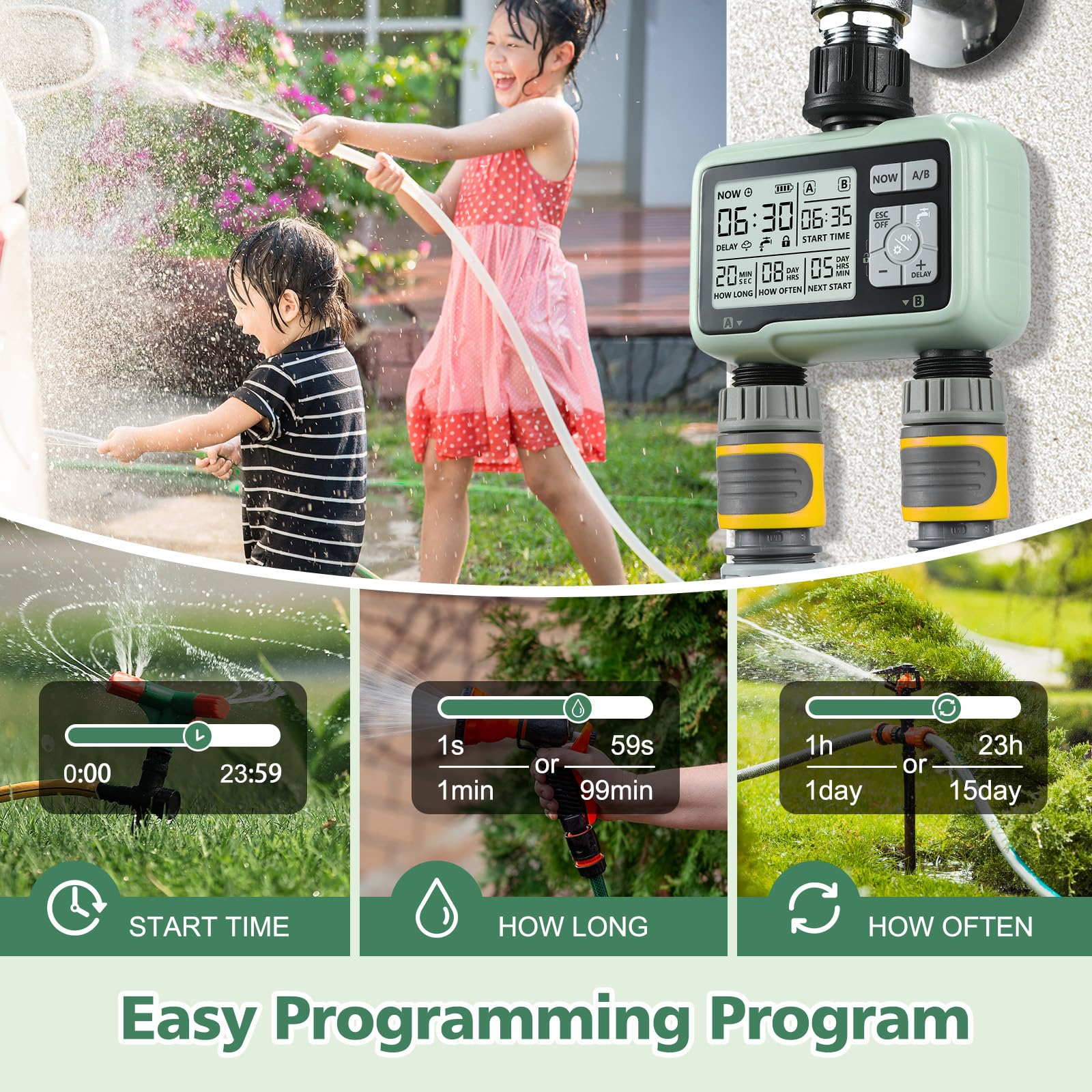 SOGUYI Timer Irrigazione,Computer Irrigazione con Ritardo Pioggia, Programmatore Irrigazione a Batteria,Modalità di Irrigazione Automatica e Manuale, 2 Uscite Centralina Irrigazione