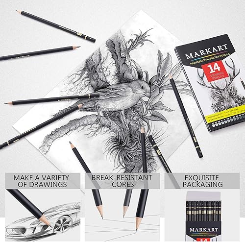 Miniatura 4 de MARKART Juego de lápices de dibujo profesional – 14 lápices de grafito de dibujo artístico (12B - 4H), ideal para dibujar arte, dibujar, sombrear,
