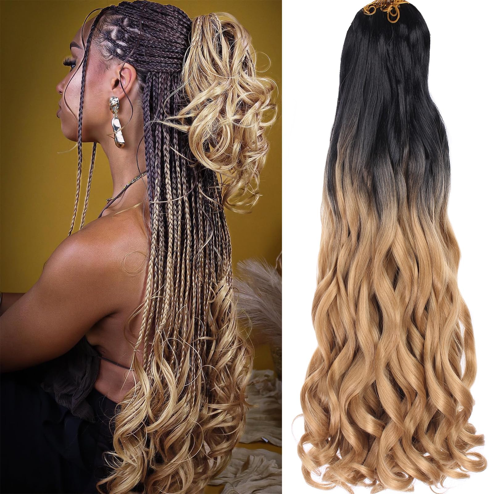 COOKOO 30 Inch 9 Packs Ombre Blonde French Curl Braiding Hair for Women Pre Stretched Curly Braiding Hair for Goddess Box Braid Crochet Hair French Curl Crochet Braids Synthetic Hair Extensions 1B/27#