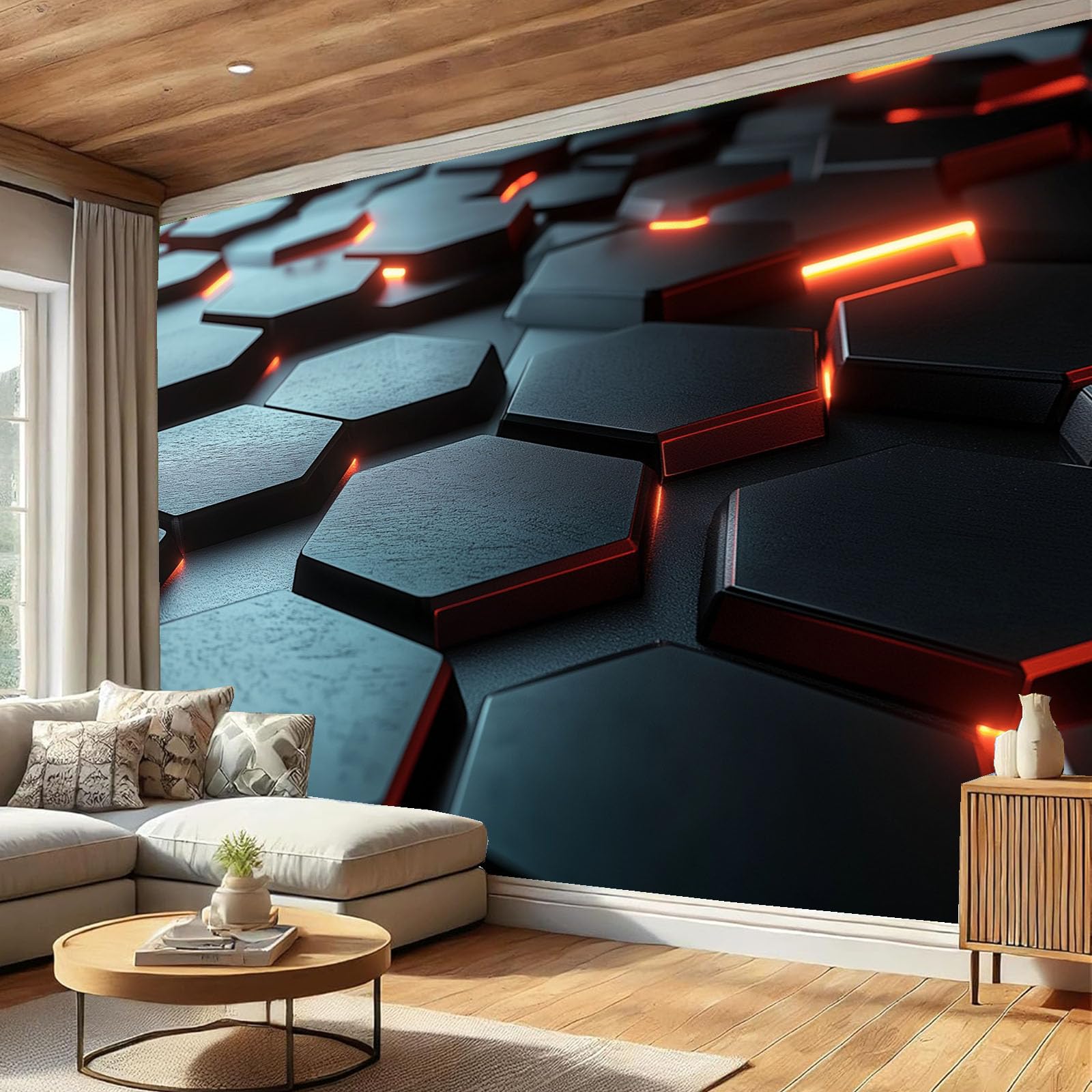 Carta da Parato Foto con Design di Fantascienza spaziale, 400x280cm - Stampa Artistica Premium da Parete, Poster Decorativo Moderno - modello esagonale - nero