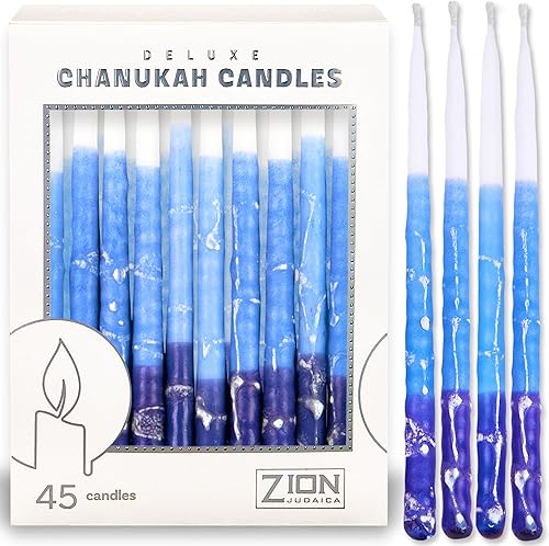 Zion Judaica - Velas de Janucá de lujo para menorá, juego de 45 velas decorativas de Janucá, hechas a mano, incluye una tarjeta de canción de