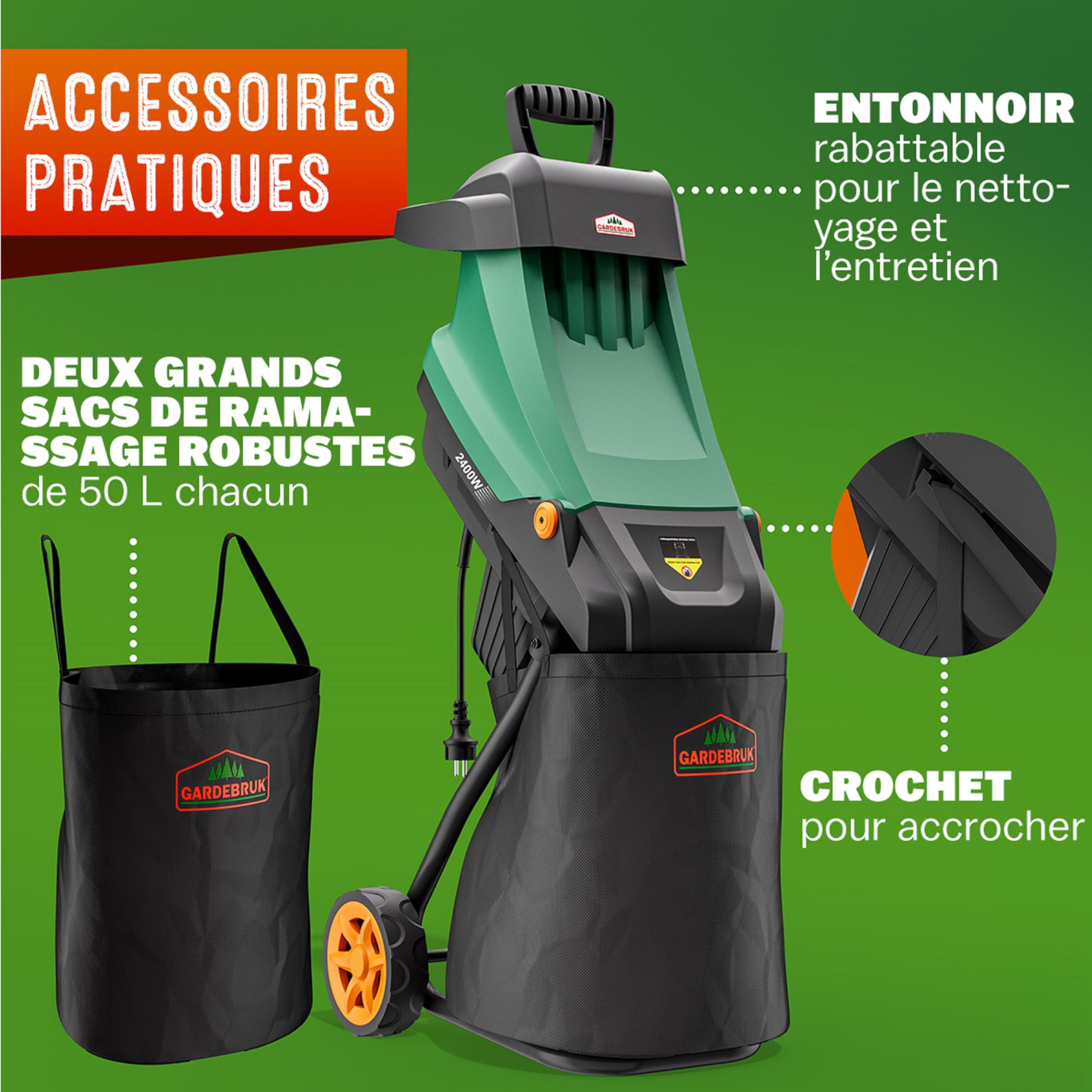 GARDEBRUK® Broyeur de végétaux électrique 2.400W broyeur de Branches Couteau Lame Max. 45mm bac 2X 50L broyeur de Jardin déchiqueteur Bois Compost Jardin