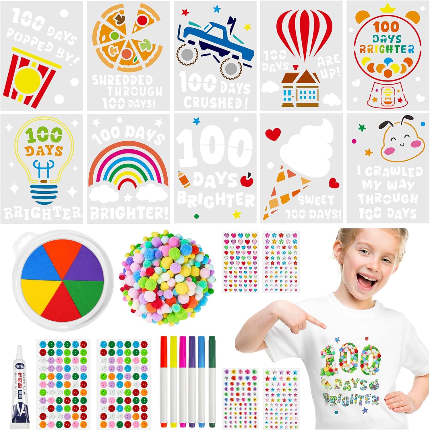 Cinrobiye 10 Set DIY 100th Day of School Drawing Stencils for Kids Plastic Drawing Painting Craft kit with Pompoms Gem Stickers Buttons for School Party DIY 100 Days of School Clothing T Shirt Bag