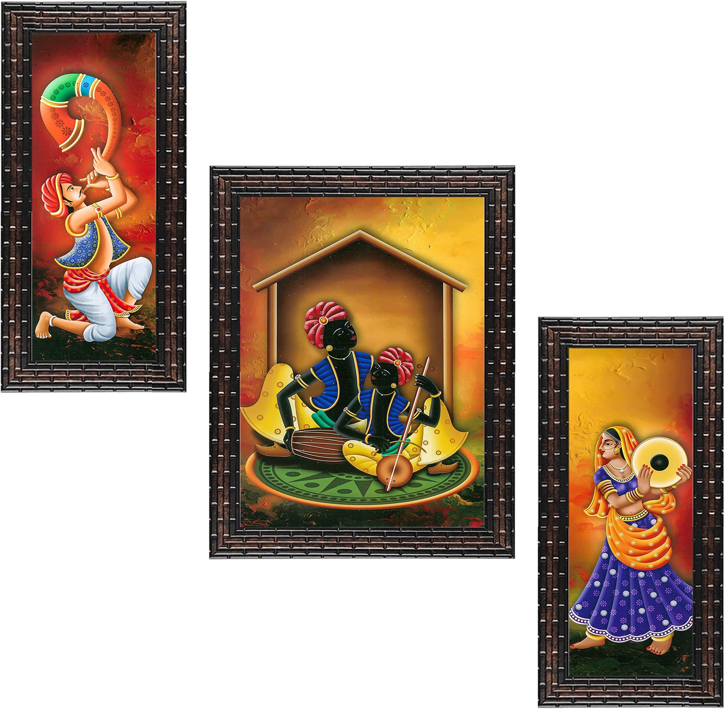 Indianara 3 PC Set of Rajasthani Folk Music & Dance Paintings (1084) Without Glass 6 X 13, 10.2 X 13, 6 X 13 inch-Multicolour