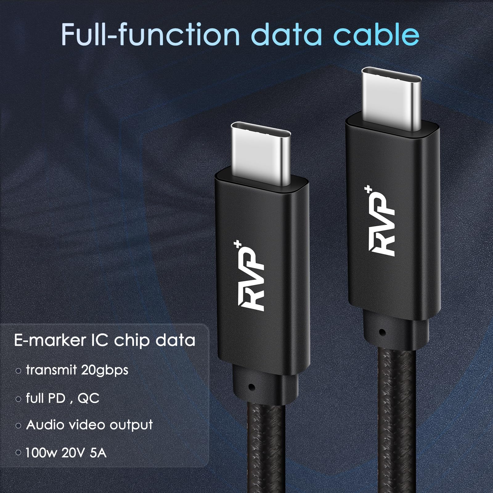 RVP+ USB-C-auf-USB-C-Kabel (2 Stück, 100 W, 1,8 m), geflochtenes Nylon, 3.2 Gen 2 USB-C-Kabel, 20 Gbit/s Schnellladekabel, Schwarz