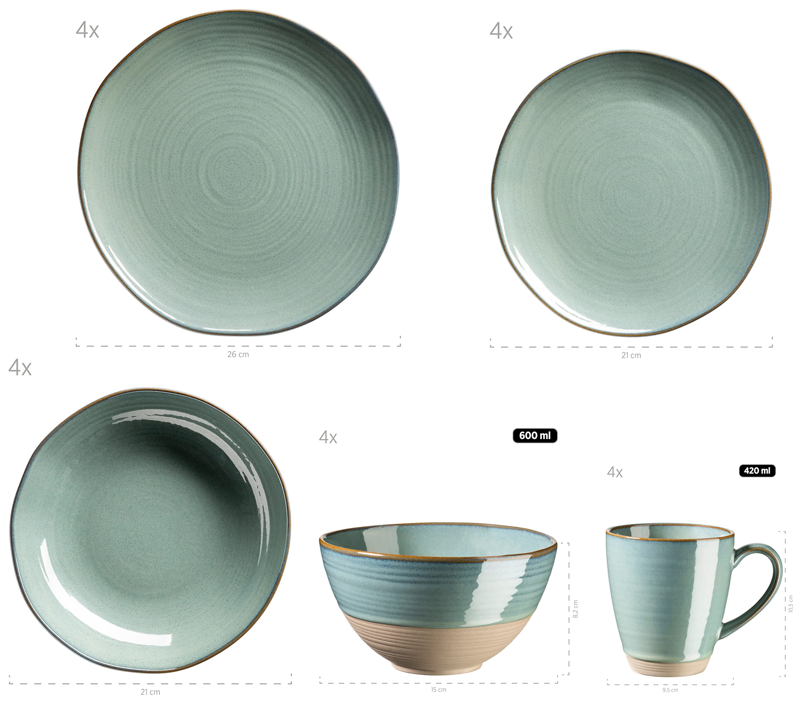MÄSER Série Nottingham Ensemble de vaisselle vintage pour 4 personnes, 20 pièces avec formes rondes irrégulières au look rétro, grès, vert turquoise