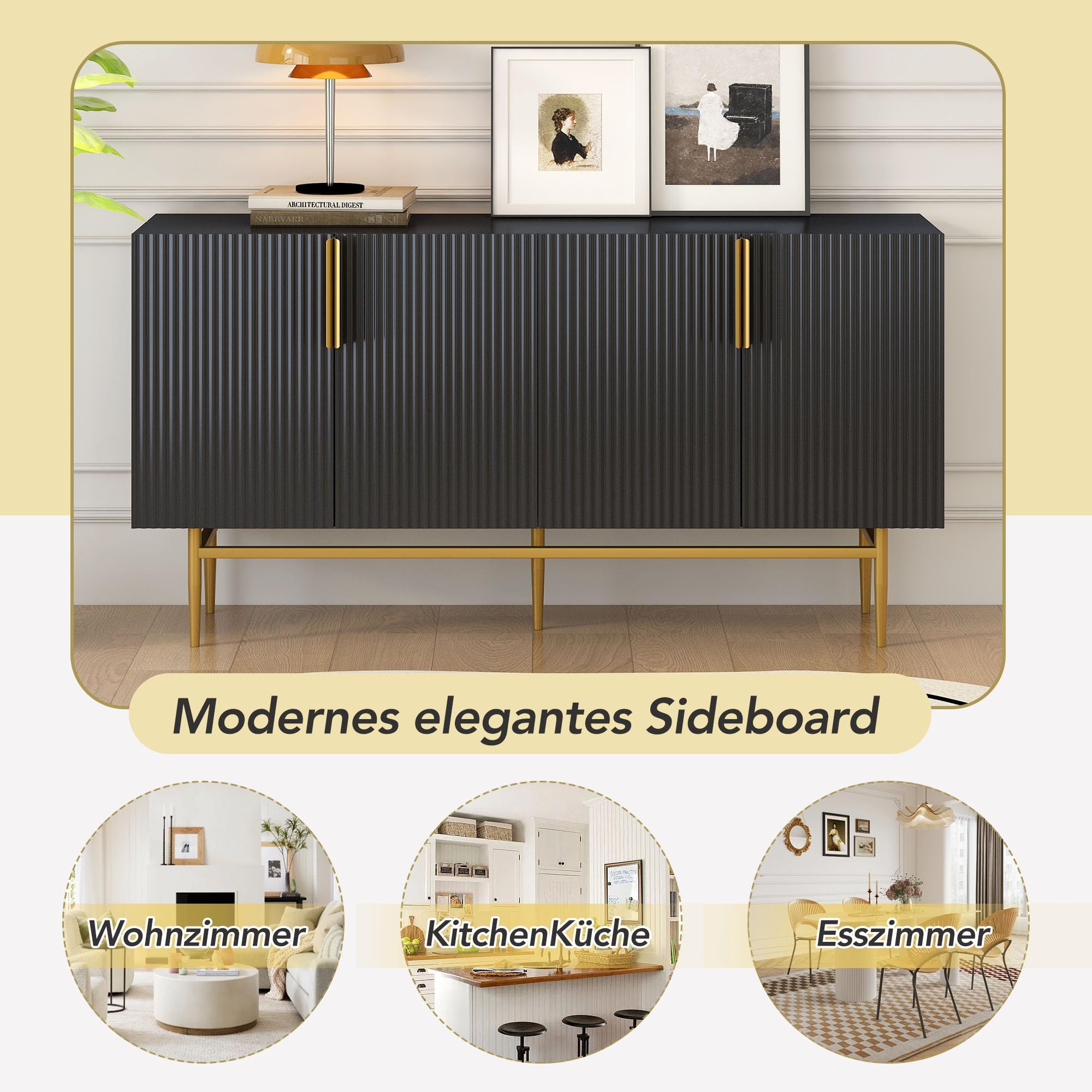 Sideboard 160cm Schwarz - Kommode Mit 4 Türen & Gold Griffen