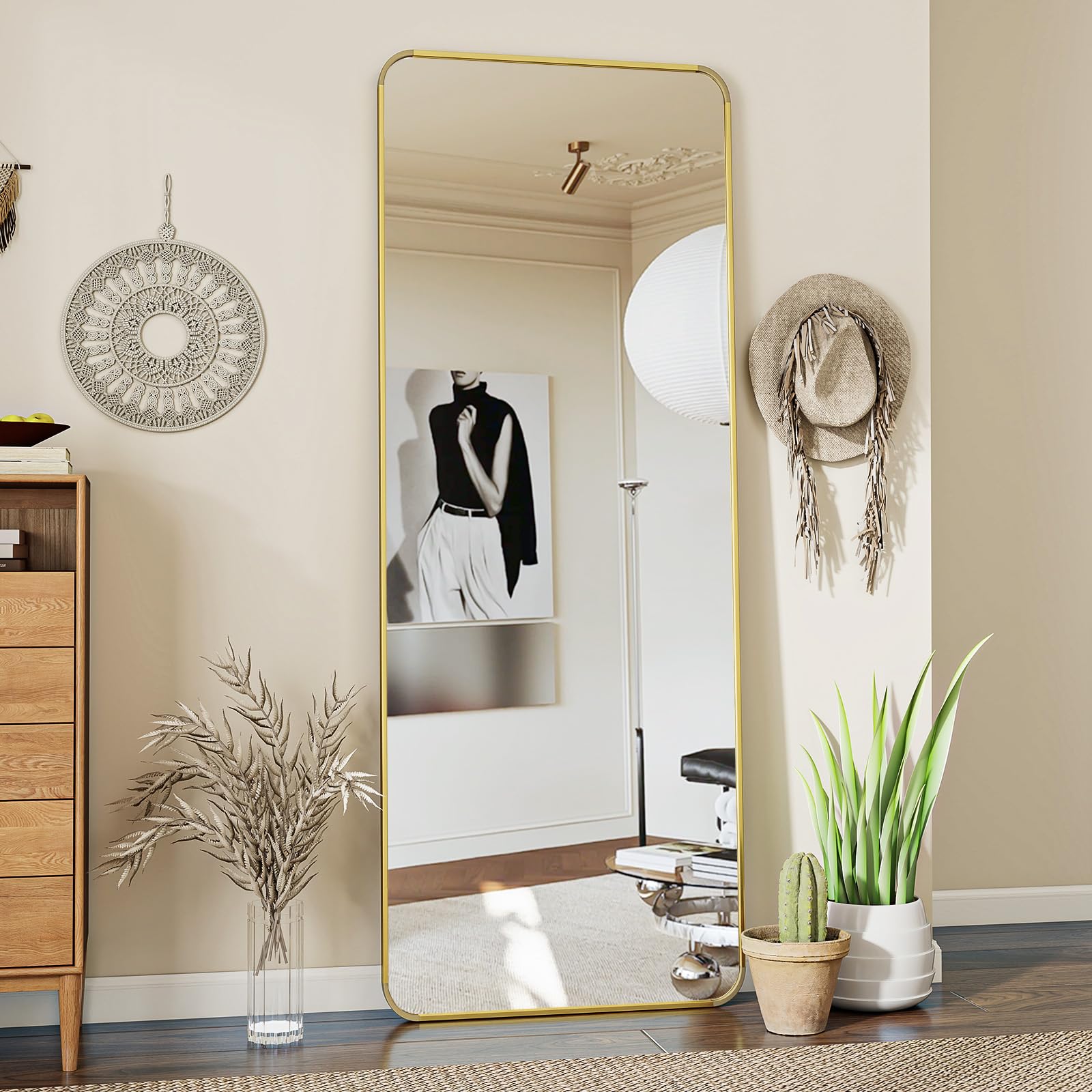 Koonmi Full Length Mirror, 161 x 52 cm, Rectangle Round Corner Full Body Mirror with Stand, Aluminium Alloy Frame, Tempered Glass, for Bedroom, Living Room, Cloakroom, Gold