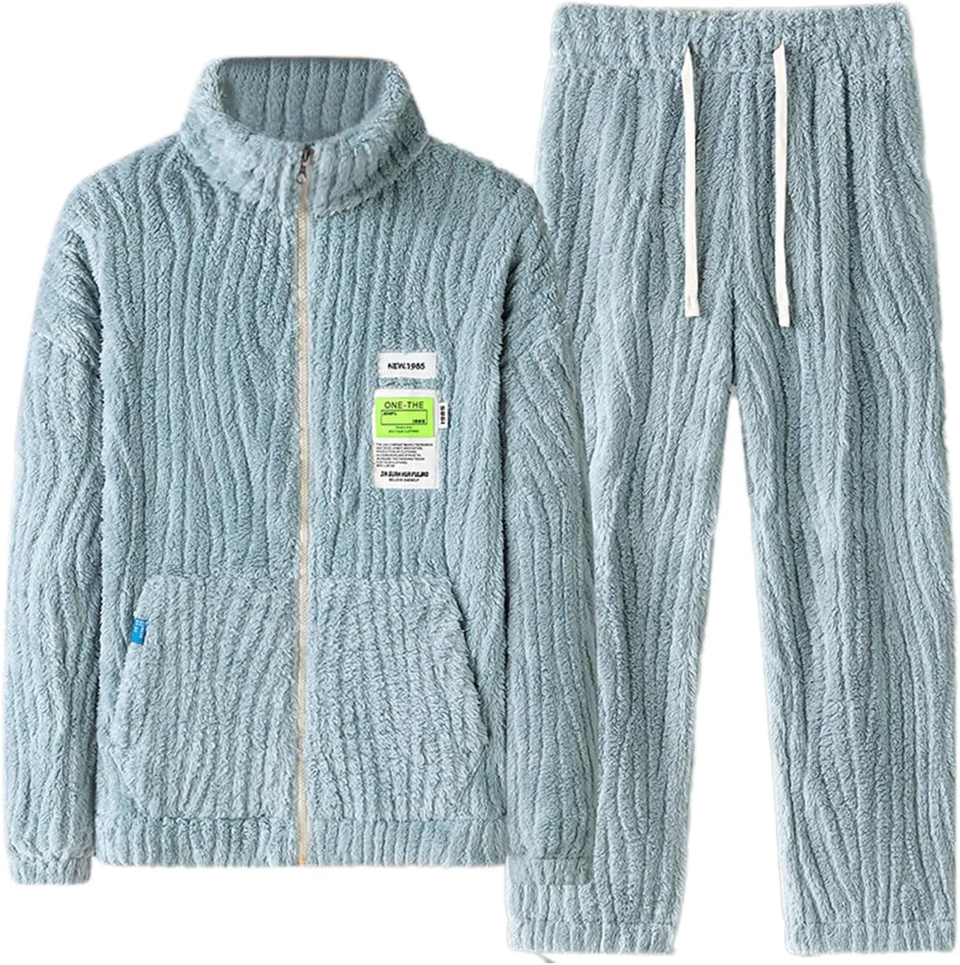 Men's Velvet Tracksuit Sets Soft Long Sleeve Pajama Set Warm Plush 2 Pcs Thickened Homewear with Zipper Sleepwear