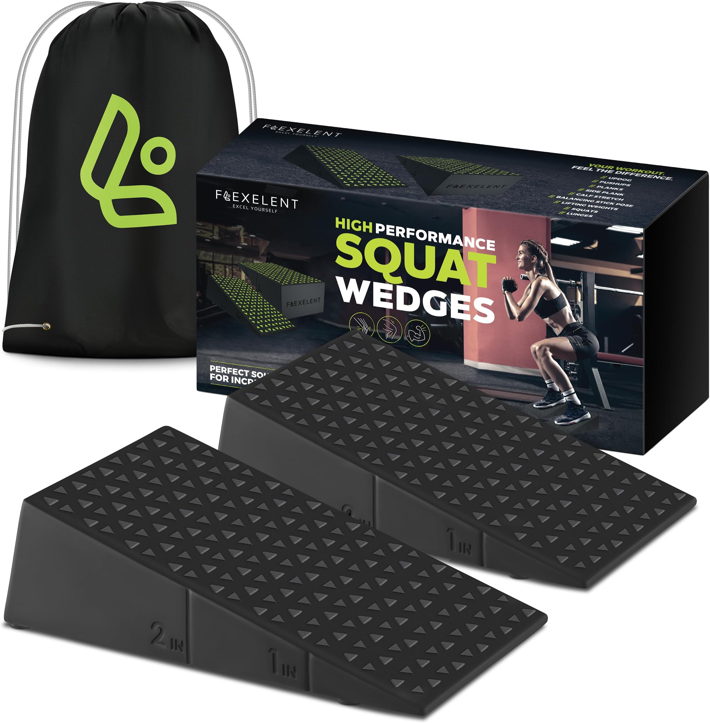 Flexelent Squat Wedge (2 Set), Non Slip Calf Stretcher Slant Board for Squats Pair, Portable Squat Wedge Block Bundle, Calf Raise Block, Squat Ramp, Exercise Wedge Set, Heel Elevated Squat Wedge Pair