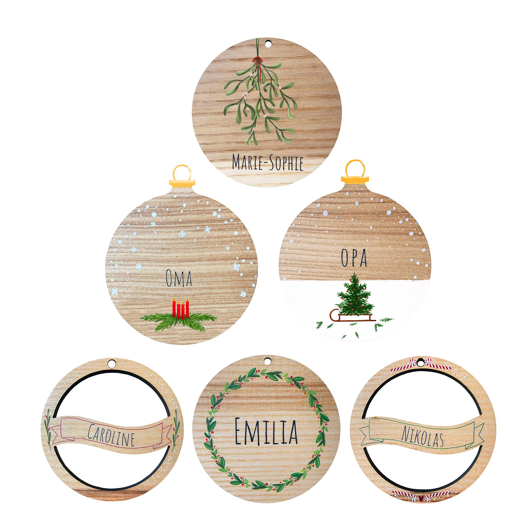 LOOXIS personalisierter Weihnachtsbaumanhänger mit Motiv - Christbaumschmuck mit Wunschnamen 6er Set
