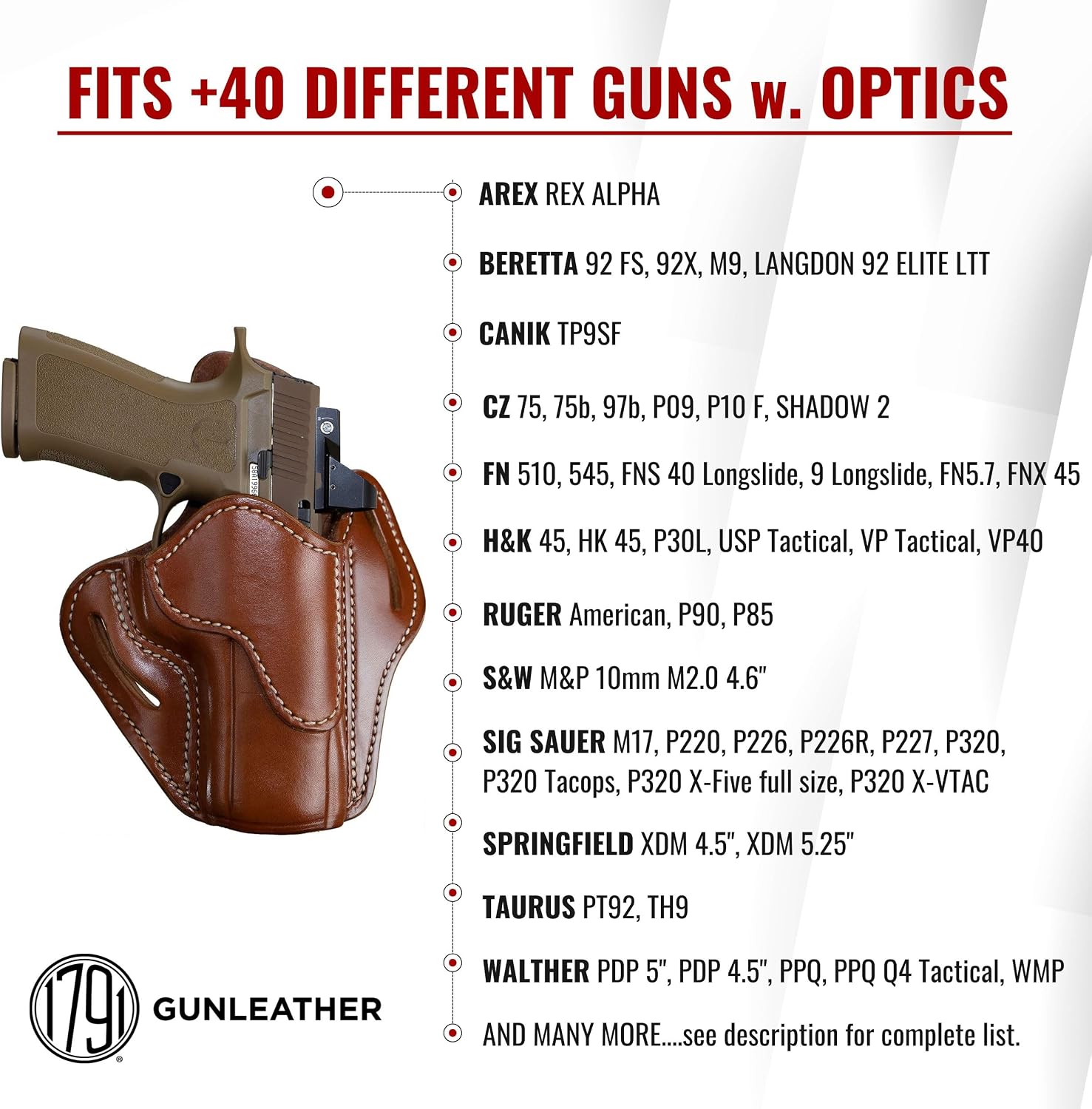 1791 GUNLEATHER P320 Optic Ready Holster - OWB CCW Leather Gun Holster for Belts - Right Handed - SP2022, P227, H&K VP40, P30L