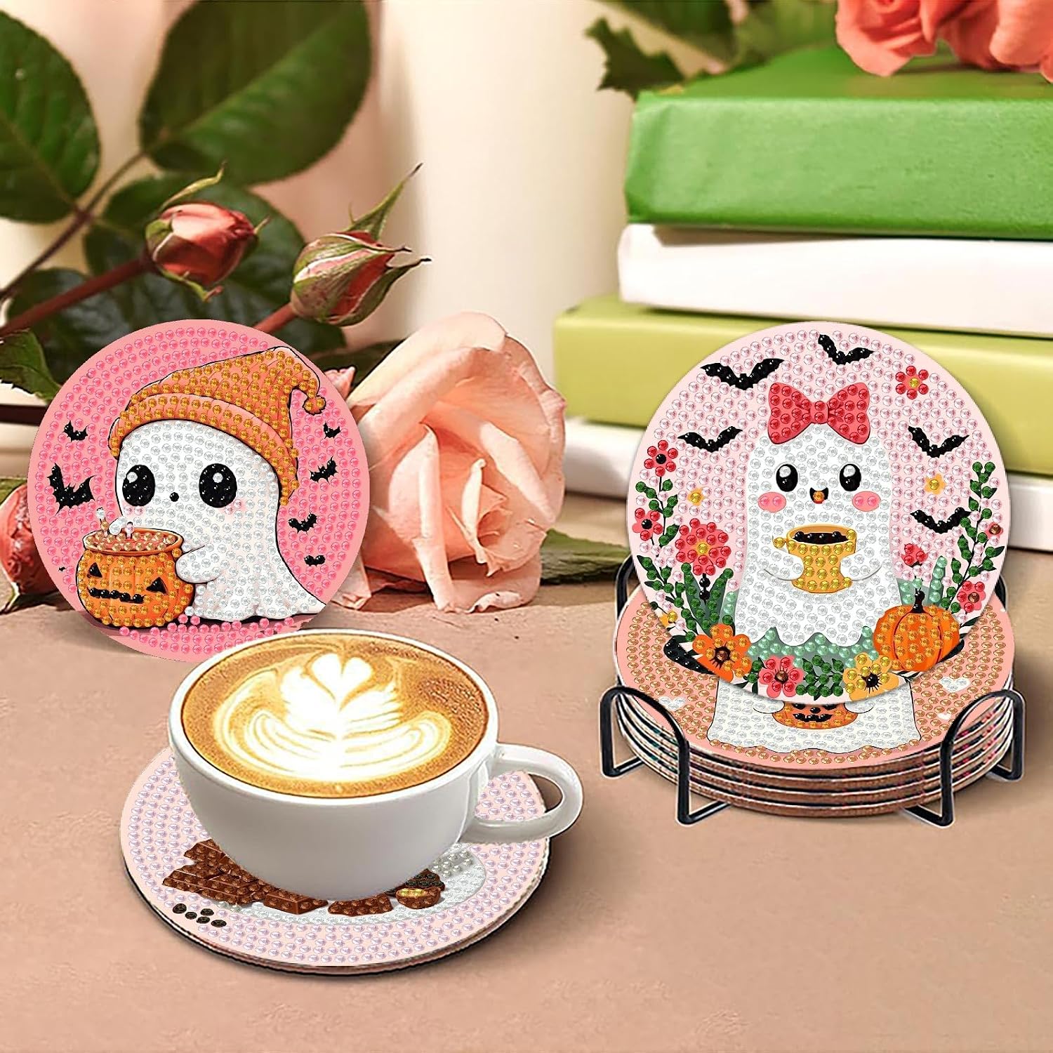 gganmtere Halloween Diamond Painting Coasters Kits, 8 Pack Ghost Diamond Art Coasters with Holder, Crafts Kits for DIY Coasters,Cute Ghost Diamond Art Coasters image 4