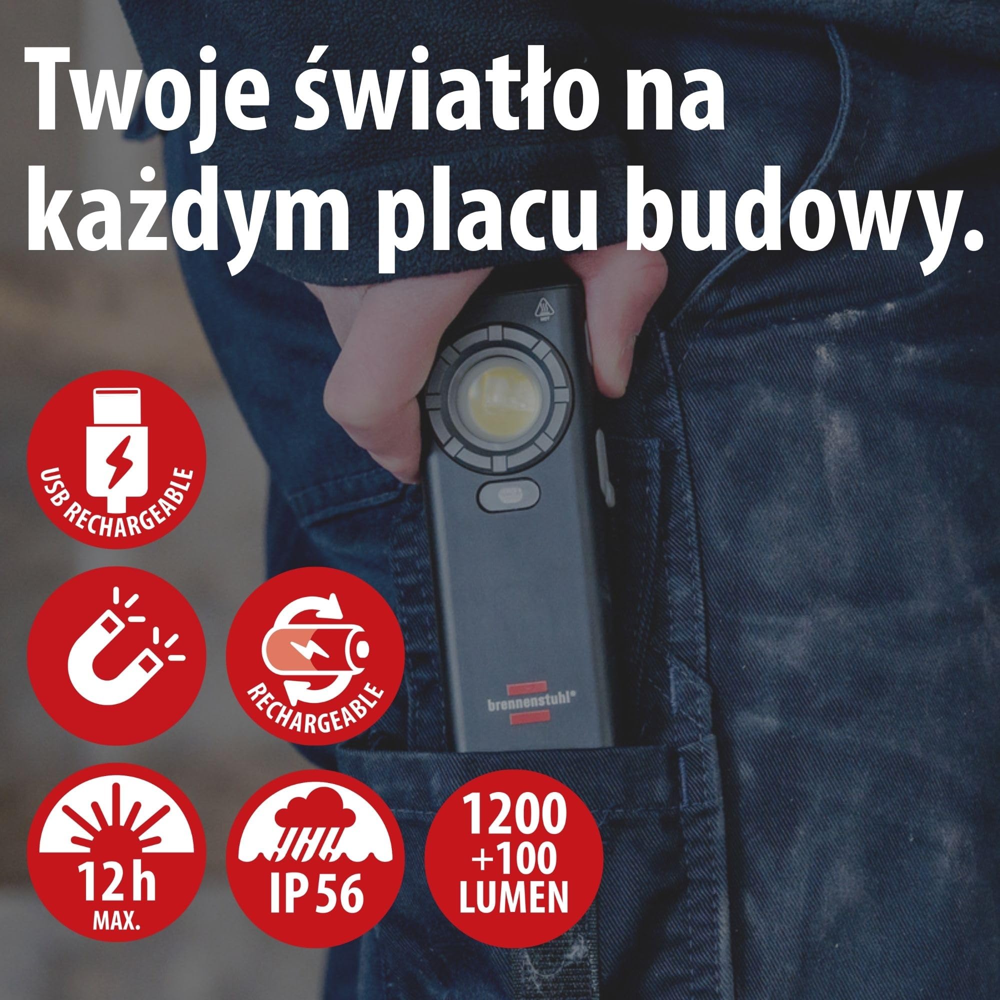 Brennenstuhl Akumulatorowa lampa ręczna LED HL 1200 AS (1200lm, latarka z 4 trybami przełączania, automatyczne wyłączanie przy bliskości obiektu, IP56, obudowa aluminiowa, magnes, klips, kabel USB C)