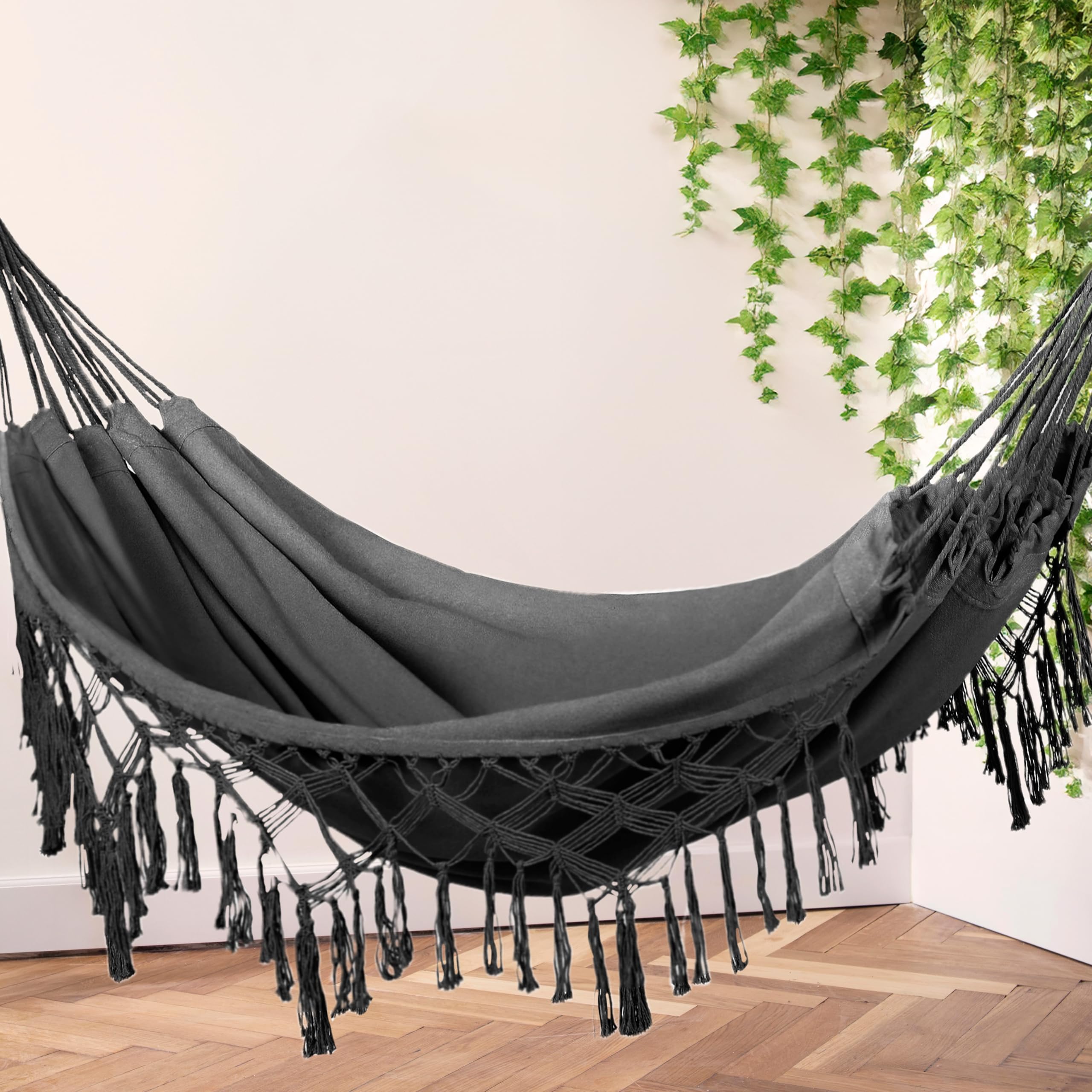 Hamac Suspendu - 200 x 150 cm - Hamac de Camping et Jardin Confortable - 250kg Capacité de Charge - 1-2 Personnes pour Intérieur, Balcon, Extérieur (Gris foncé)
