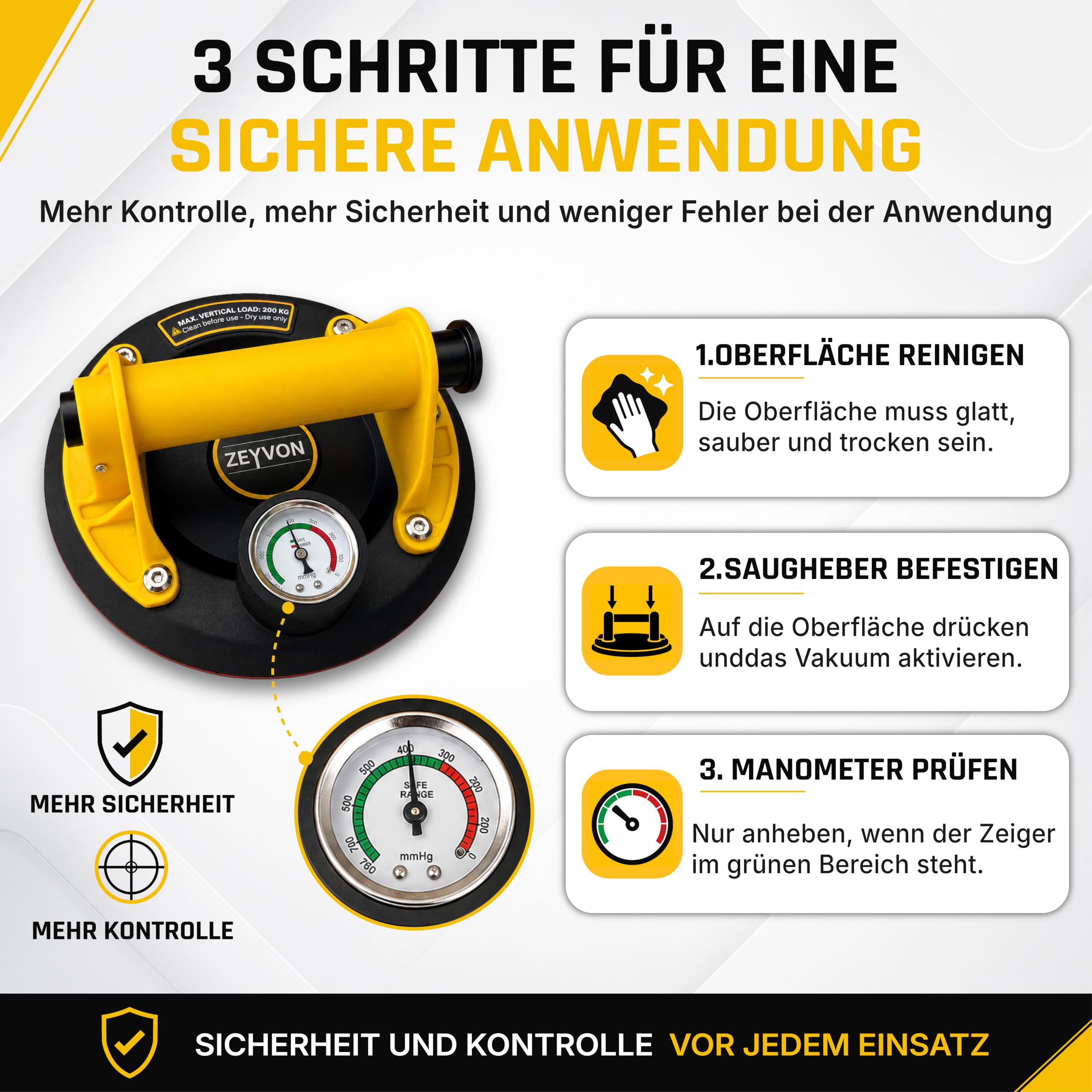 2er Set Vakuum-Saugheber 200 mm mit Manometer – 200 kg je Saugheber – Professioneller Glassauger & Fliesenheber mit Koffer und Zubehör – für Glas, Fliesen, Marmor und glatte Platten