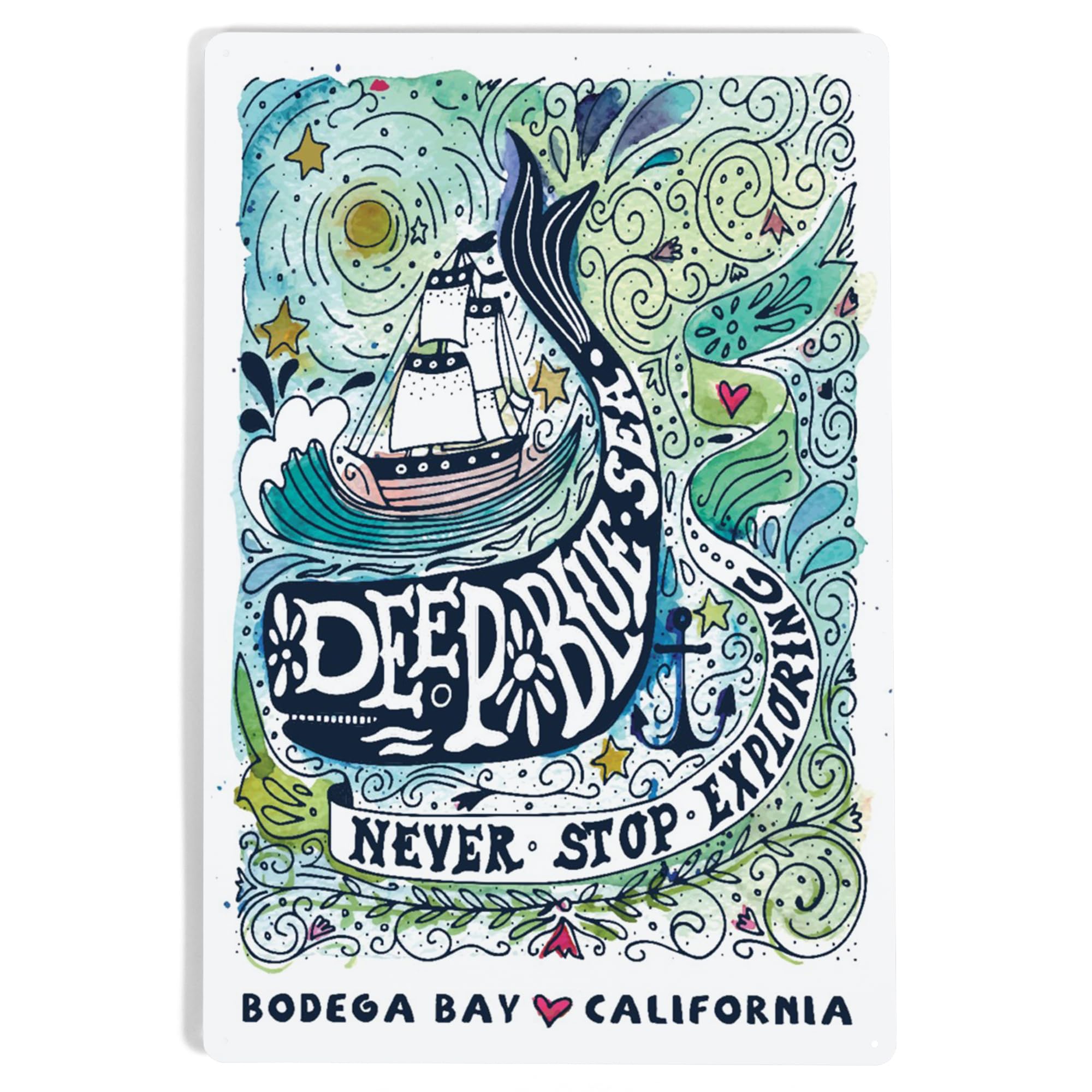 Lantern Press 12x18 Inch Metal Sign, Bodega Bay, California, Watercolor Whale, Deep Blue Sea, Nautical Art