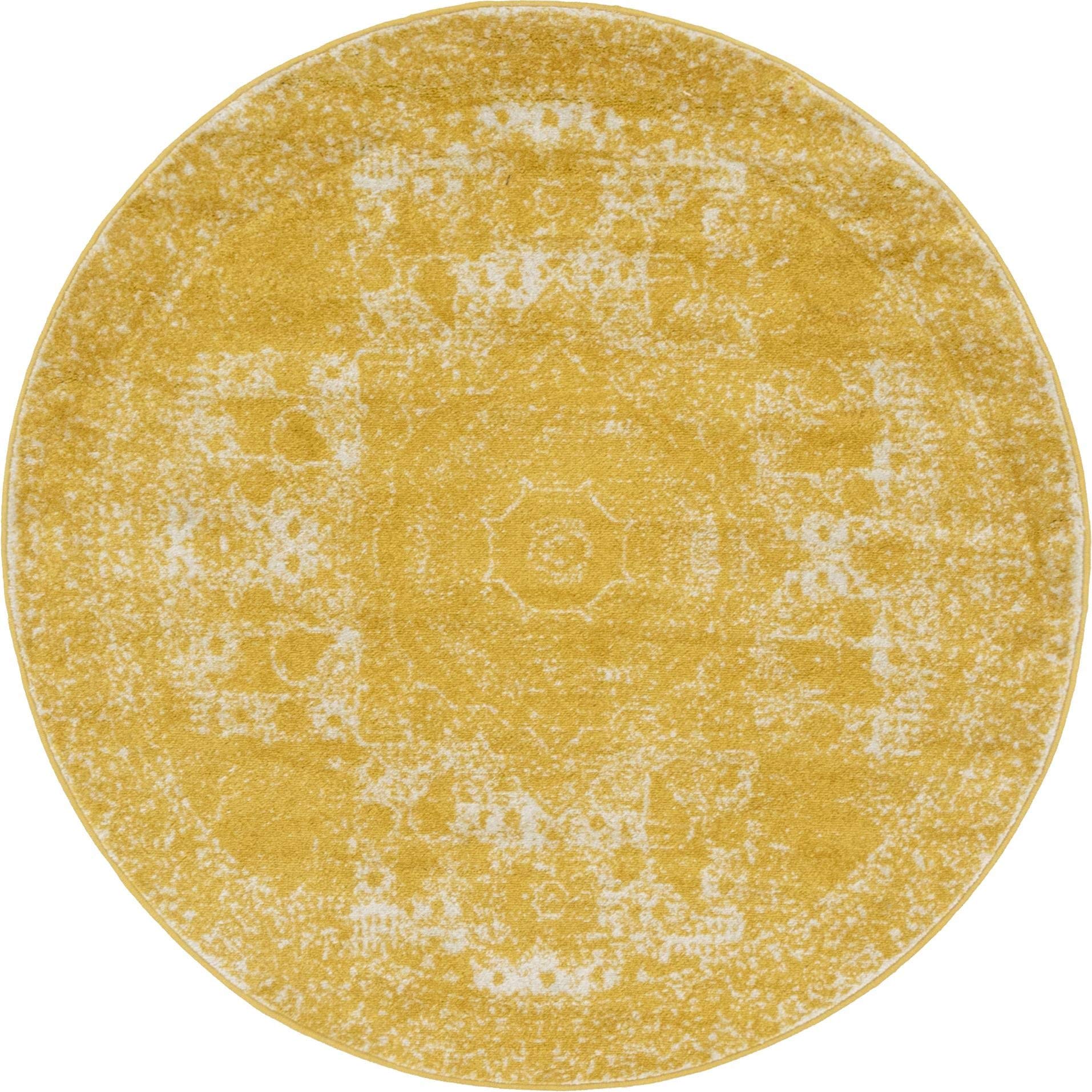 Rugs.com Dover Collection Rug – 5 Ft Round Yellow Low-Pile Rug Perfect for Kitchens, Dining Rooms