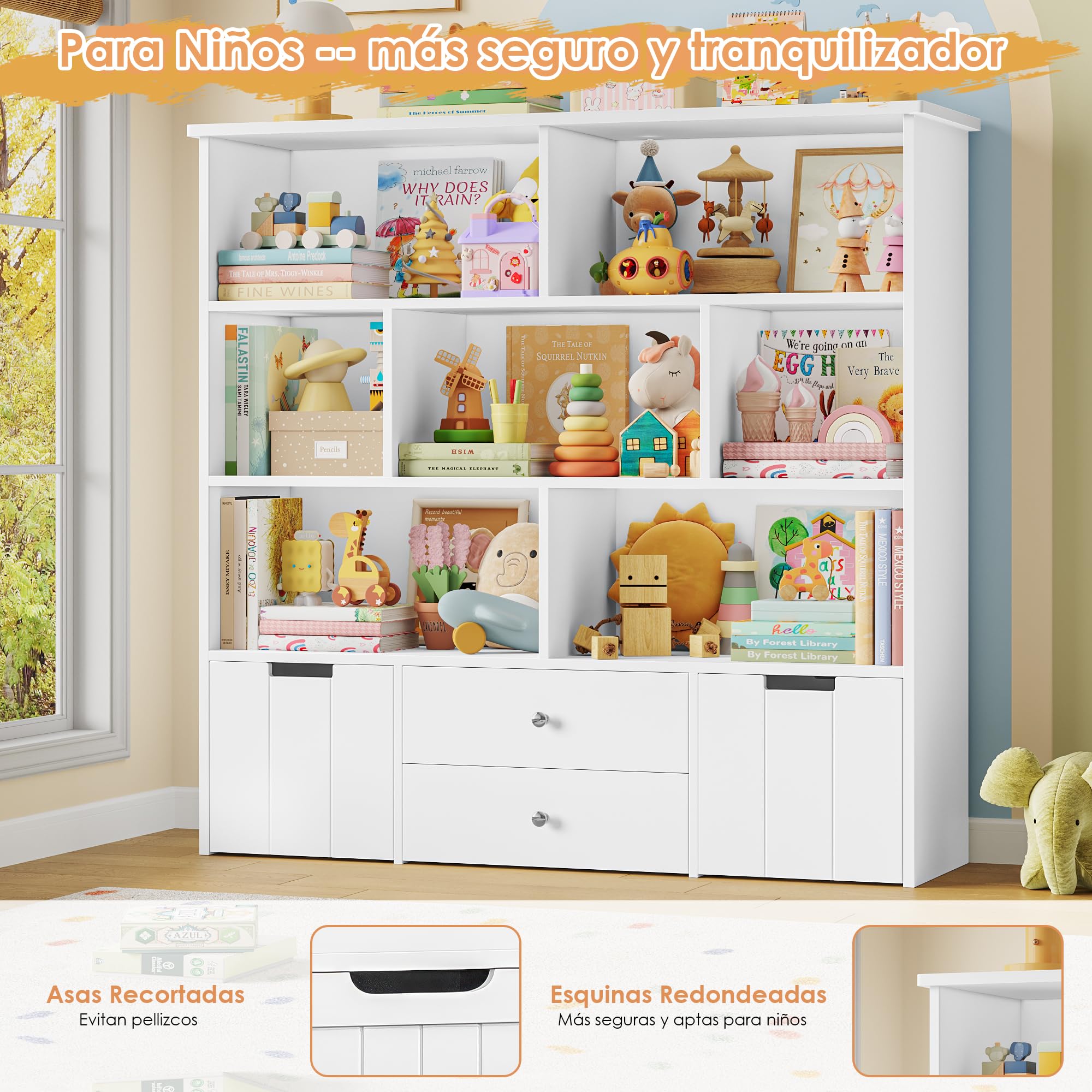FOREHILL Estanteria Montessori Infantil Mueble Almacenaje Juguetes, Mueble Organizador Juguetes, con 4 Cajones, 7 Compartimentos Abiertos, para Habitación Infantil, Salón, Blanco 125x33x120 cm
