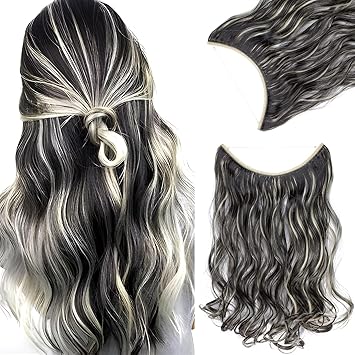 Lady Fashion Mall 20-Wavy, Black & Blonde: Miracle Translucent Invisible Wire Fish Line On Clip In Hair Extensions 20-24 Inch Straight Wavy Curly Synthetic Hairpieces