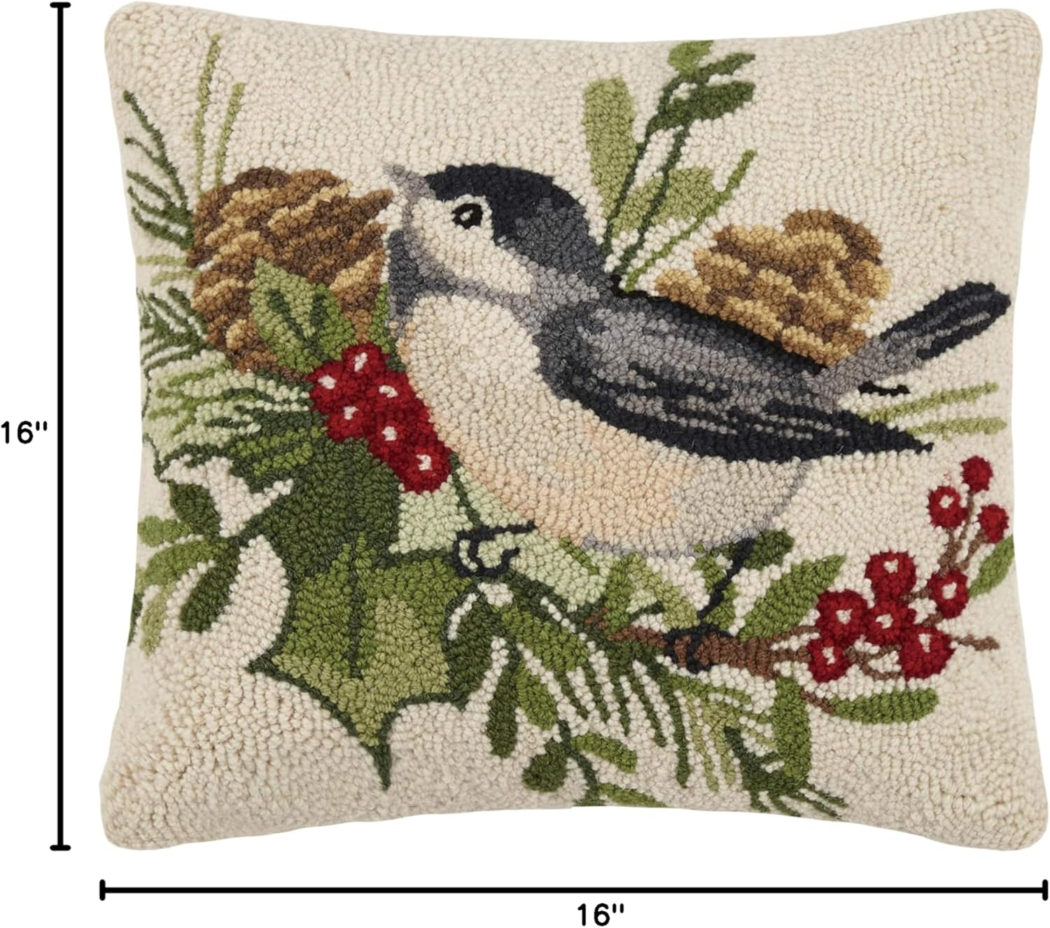 Peking Handicraft 31SW214C16SQ Winter Chickadee Holiday Hook Pillow, 16-inch Square, Wool and Cotton