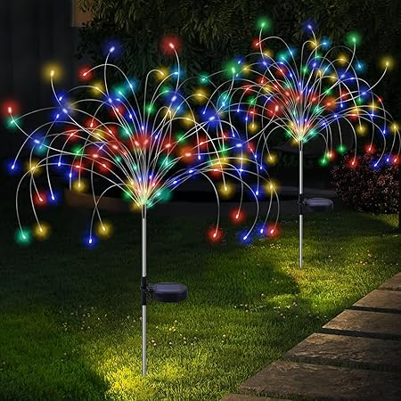 Menintog 2 Pack Solar Firework Lights, Solar Garden Lights?Solar Lights Outdoor Waterproof 150 LED 2 Lighting Modes,Fireworks Solar Lights for Holiday Party Yard Garden Decoration (Colorful)