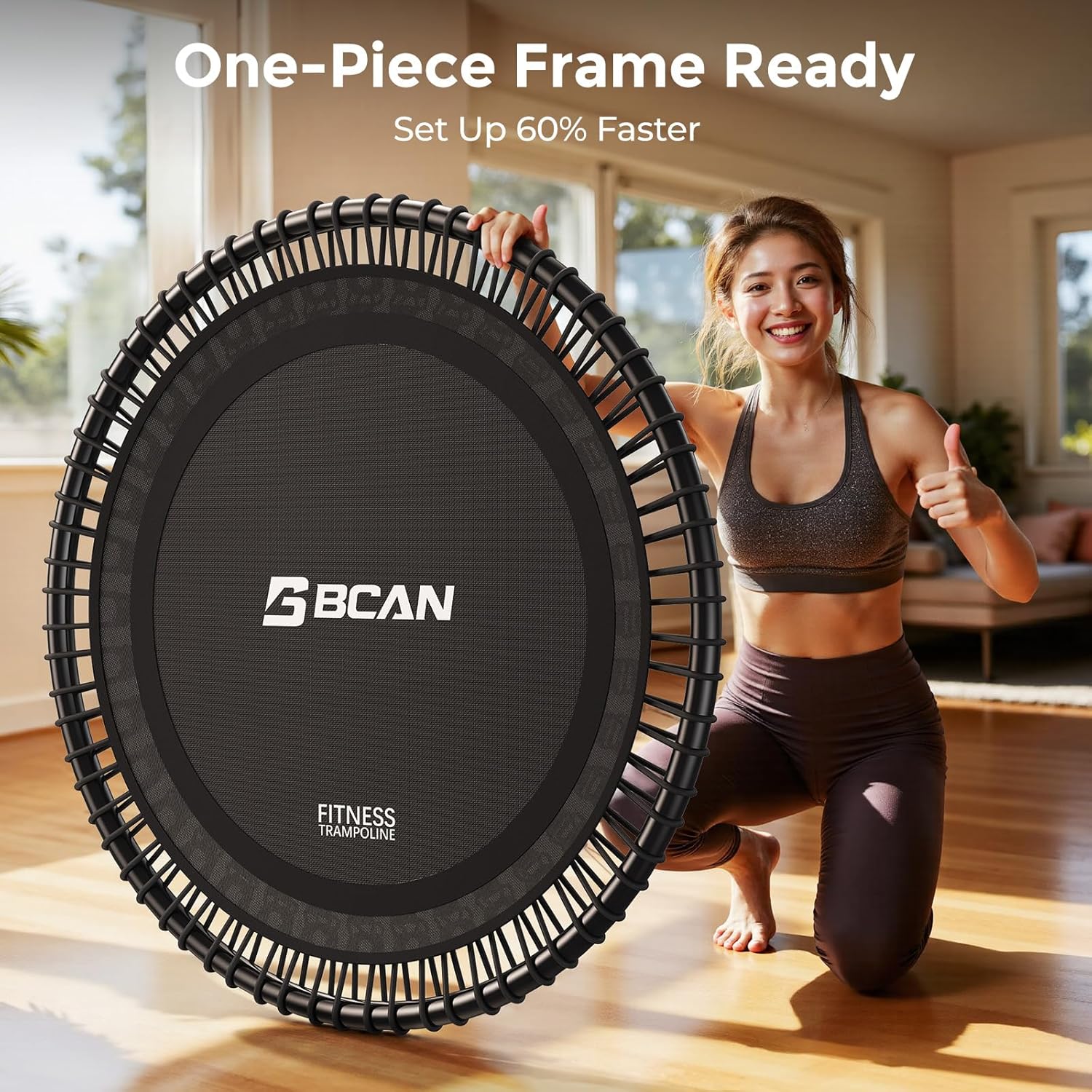 BCAN BT4 40" Soft Land Pro Adult Bungee Rebounder Trampoline, 500lb Capacity, Adjustable Tension Bungees, One-Piece Frame, Quiet Indoor Cardio w/Handle, Phone Holder & 2 Pairs Socks| FED Fitness