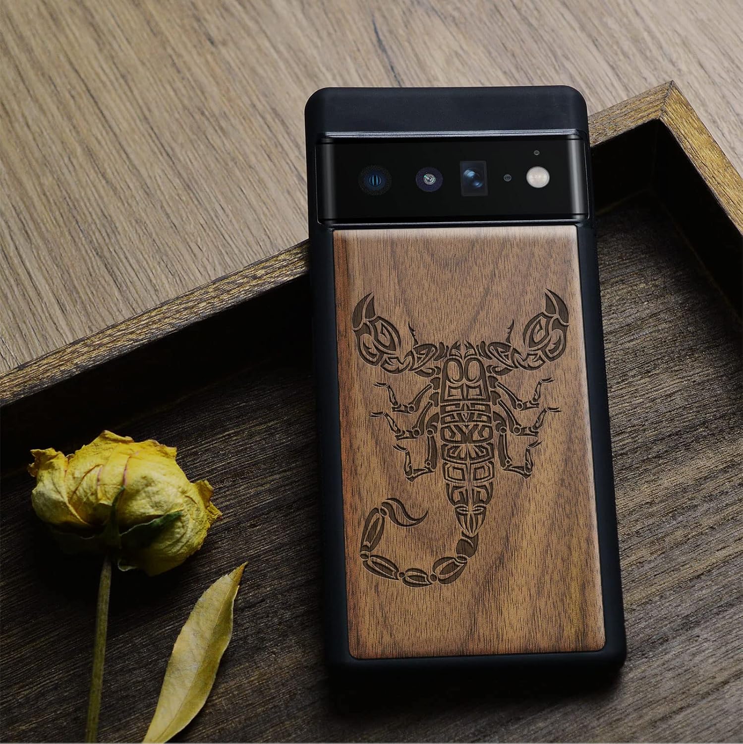 Carveit Wood Case for Pixel 6 Pro Case [Natural Wood & Black Soft TPU] Shockproof Protective Unique & Classy Wooden Cover Compatible with Google Pixel 6 Pro (Scorpion Tribal-Walnut)