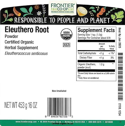 Miniatura 2 de Frontier Co-op Polvo de raíz Eleuthero, certificado orgánico, Kosher  Bolsa a granel de 1 libra  Eleutherococcus senticosus (Rupr. ex Maxim.) Maxim.
