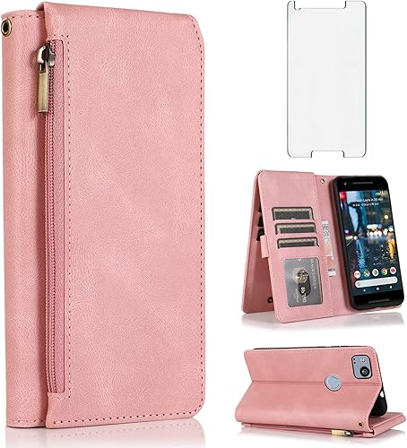 Asuwish Compatible con Google Pixel 2 - Funda tipo cartera de vidrio templado, protector de pantalla y cremallera de cuero retro, soporte para