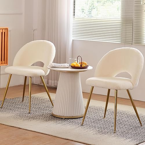 Boucle - Juego de 2 sillas de comedor, modernas sillas de comedor tapizadas de sherpa con patas de metal dorado, sillas laterales redondas de piel