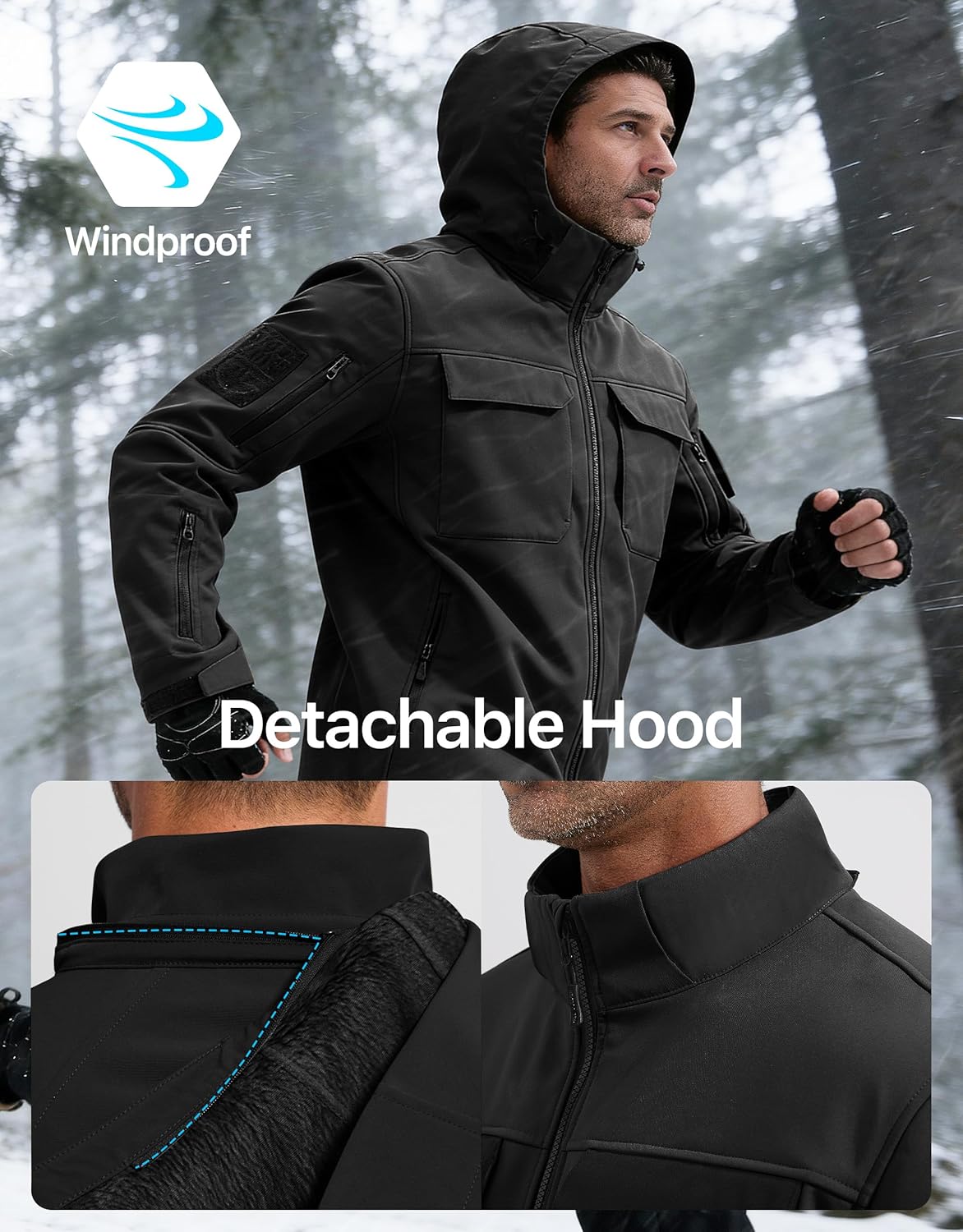 FREE SOLDIER Men's Waterproof Softshell Jacket Fleece Lined Outdoor Jacket Tactical Military Hoodie Windbreaker - Image 6