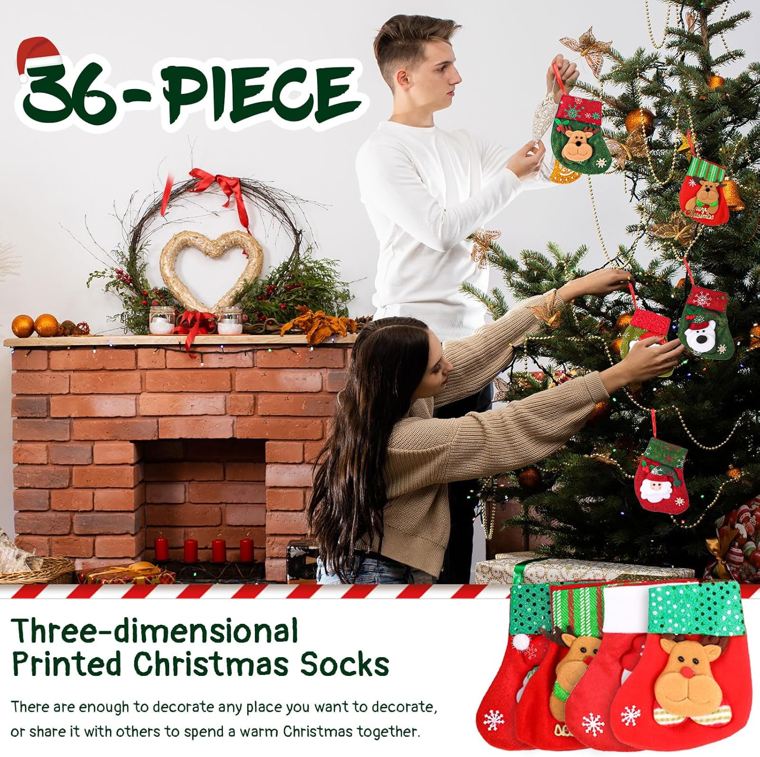 48 Pieces Small Christmas Stockings 6.8 Inch 3D Reindeer Santa Christmas Socks for Christmas Tree Mini Bulk Red and Green Candy Stockings Assorted Fireplace Hanging Stockings, 16 Styles