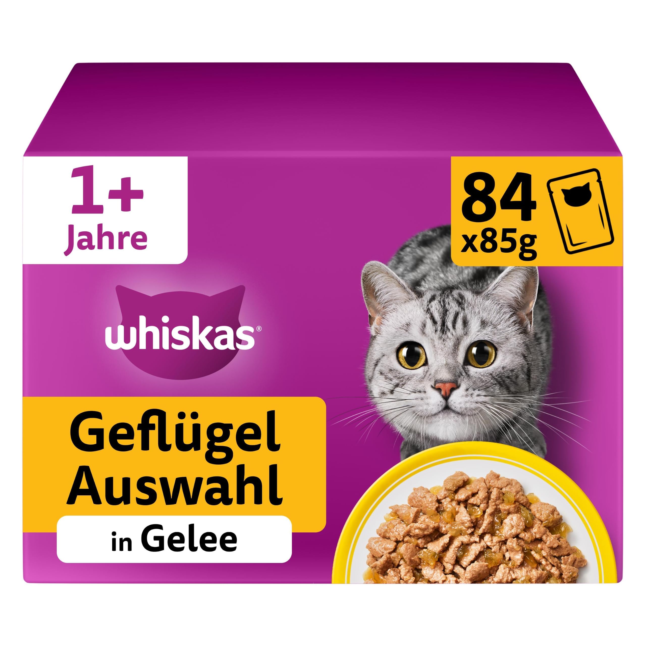 WHISKAS Nassfutter in Gelee für Katzen 84 x 85g Geflügel Auswahl