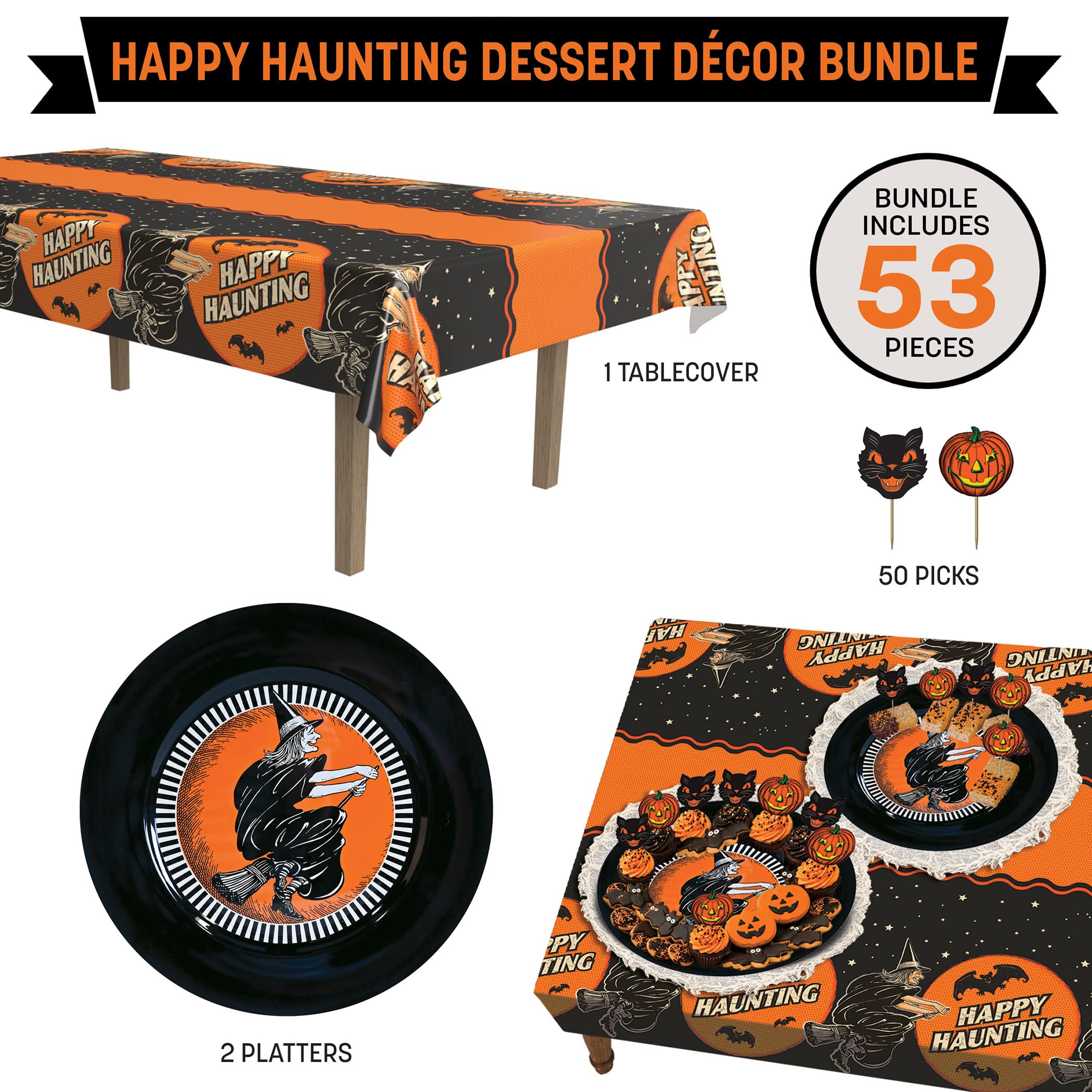 Beistle Happy Haunting - Set di decorazioni per dolci di Halloween | Include tovaglia in plastica, 50 stecchini per alimenti in cartoncino e 2 piatti da portata in plastica per tavoli da dessert